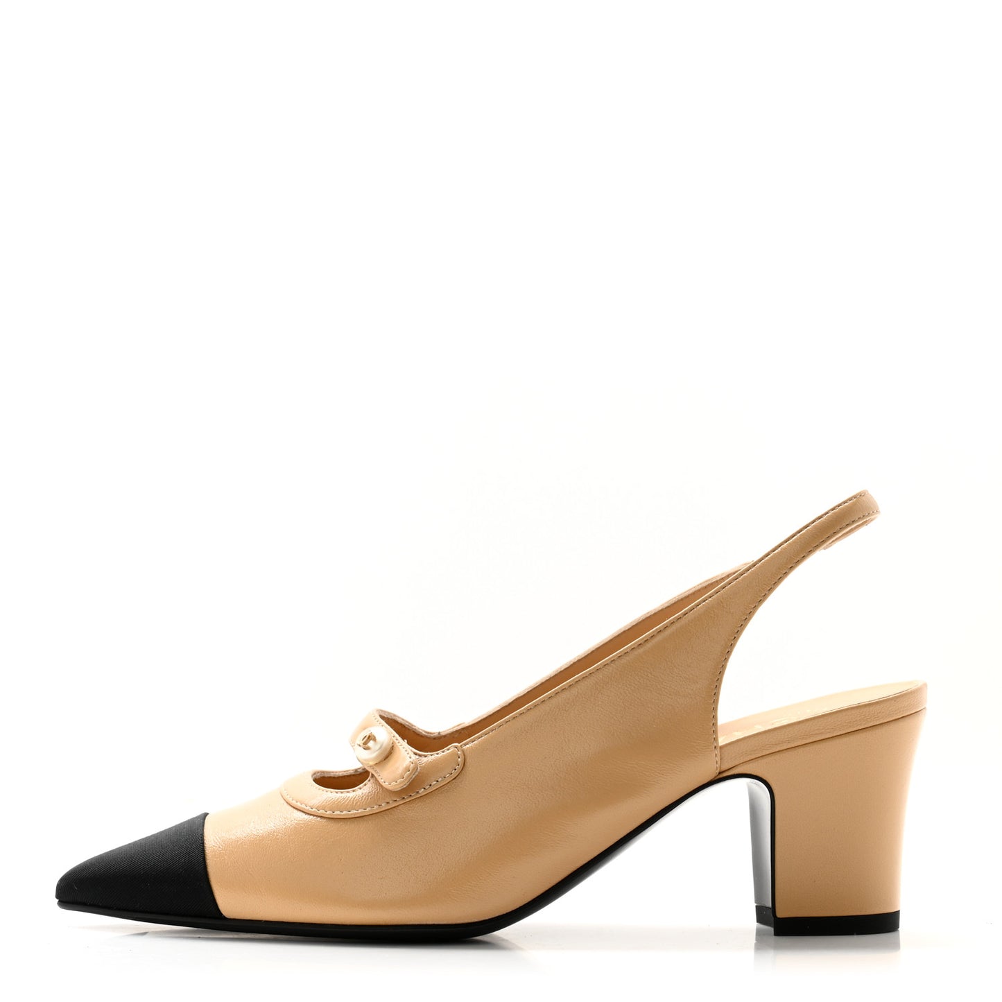 Shiny Lambskin Grosgrain Pointed Toe CC Slingback Pumps 37 Beige Black