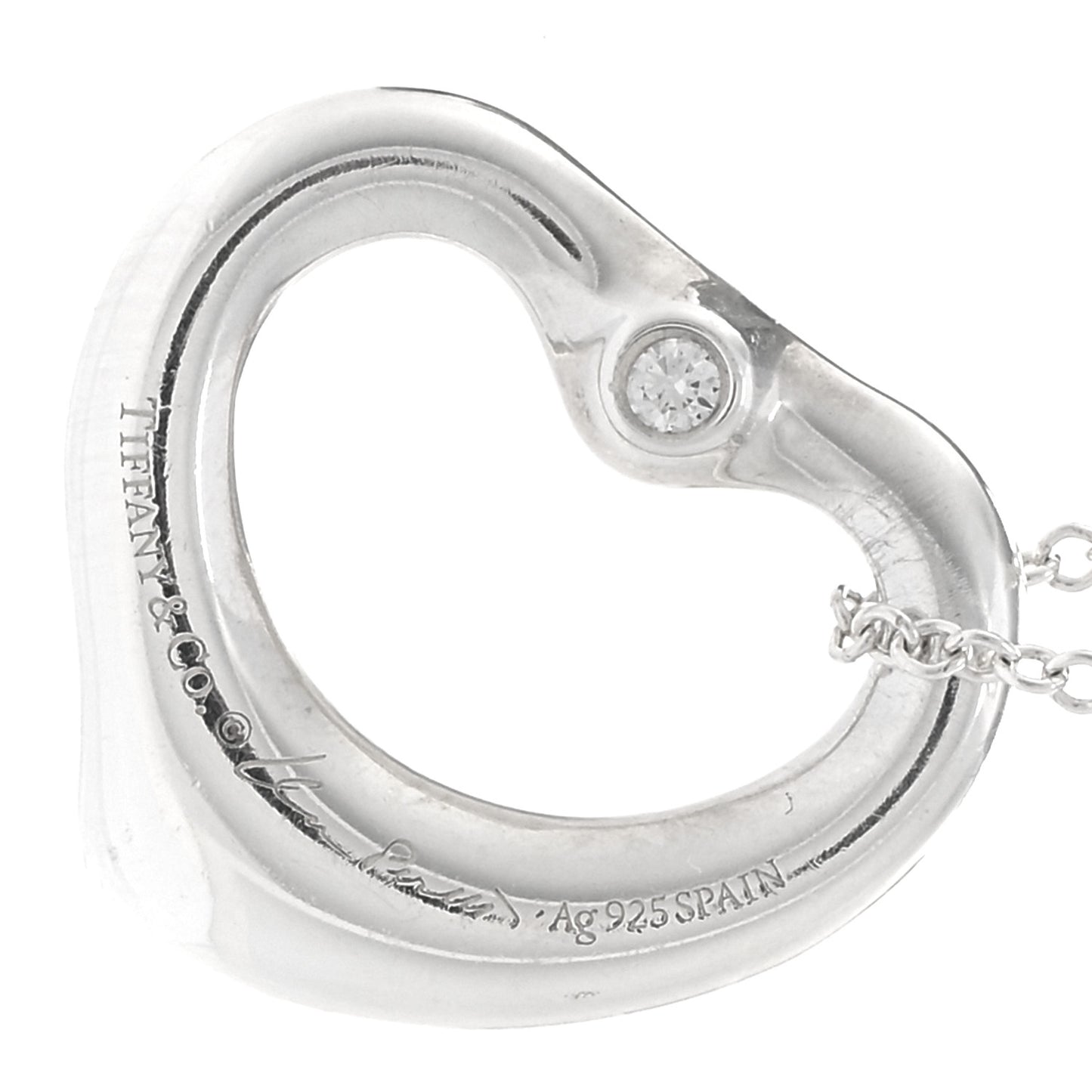 Sterling Silver Diamond 16mm Elsa Peretti Open Heart Pendant Necklace