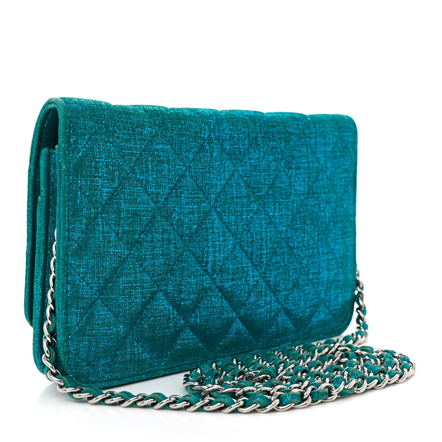 Metallic Iridescent Calfskin Wallet On Chain WOC Turquoise