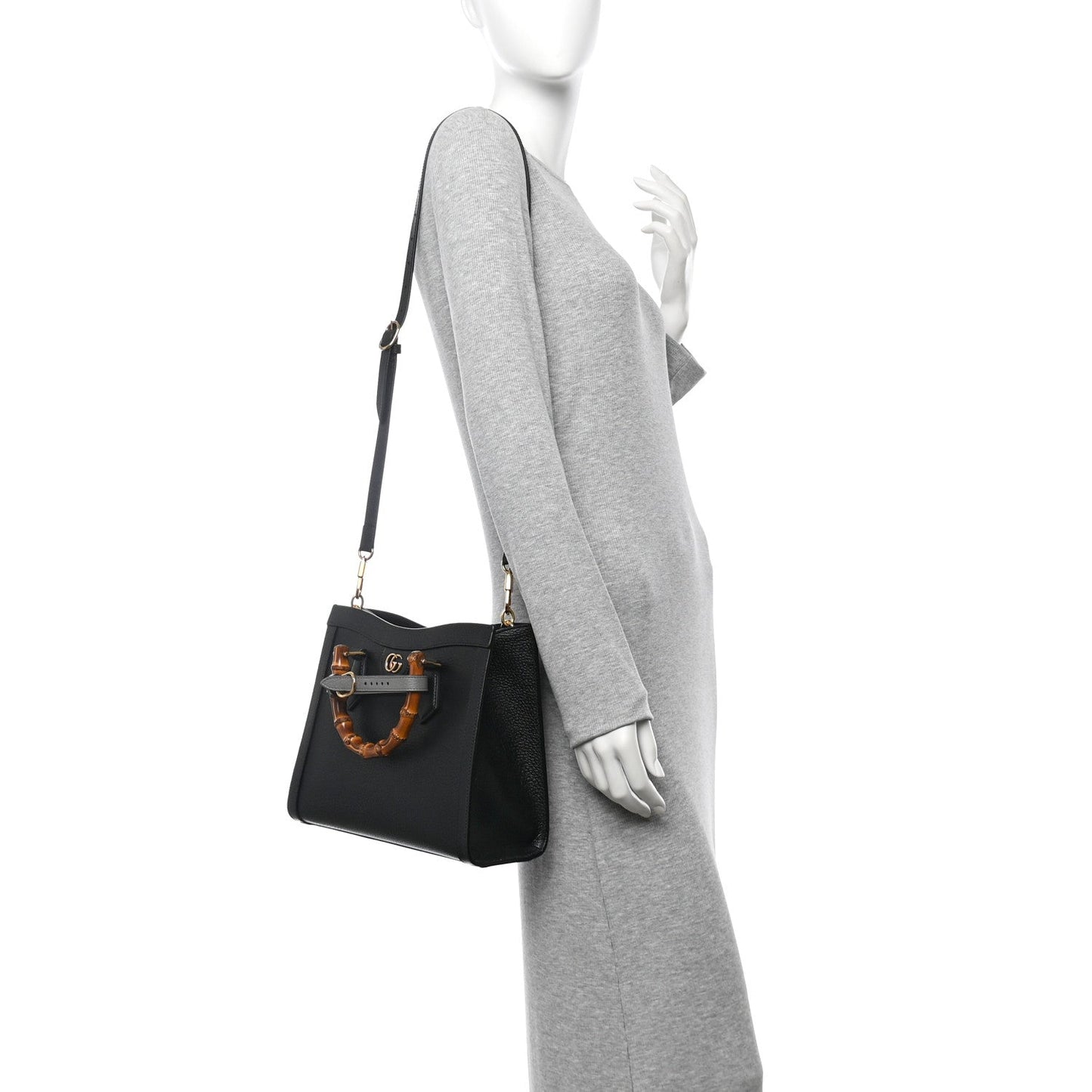 Textured Dollar Calfskin Web Small Diana Tote Bag Black Dusty Grey