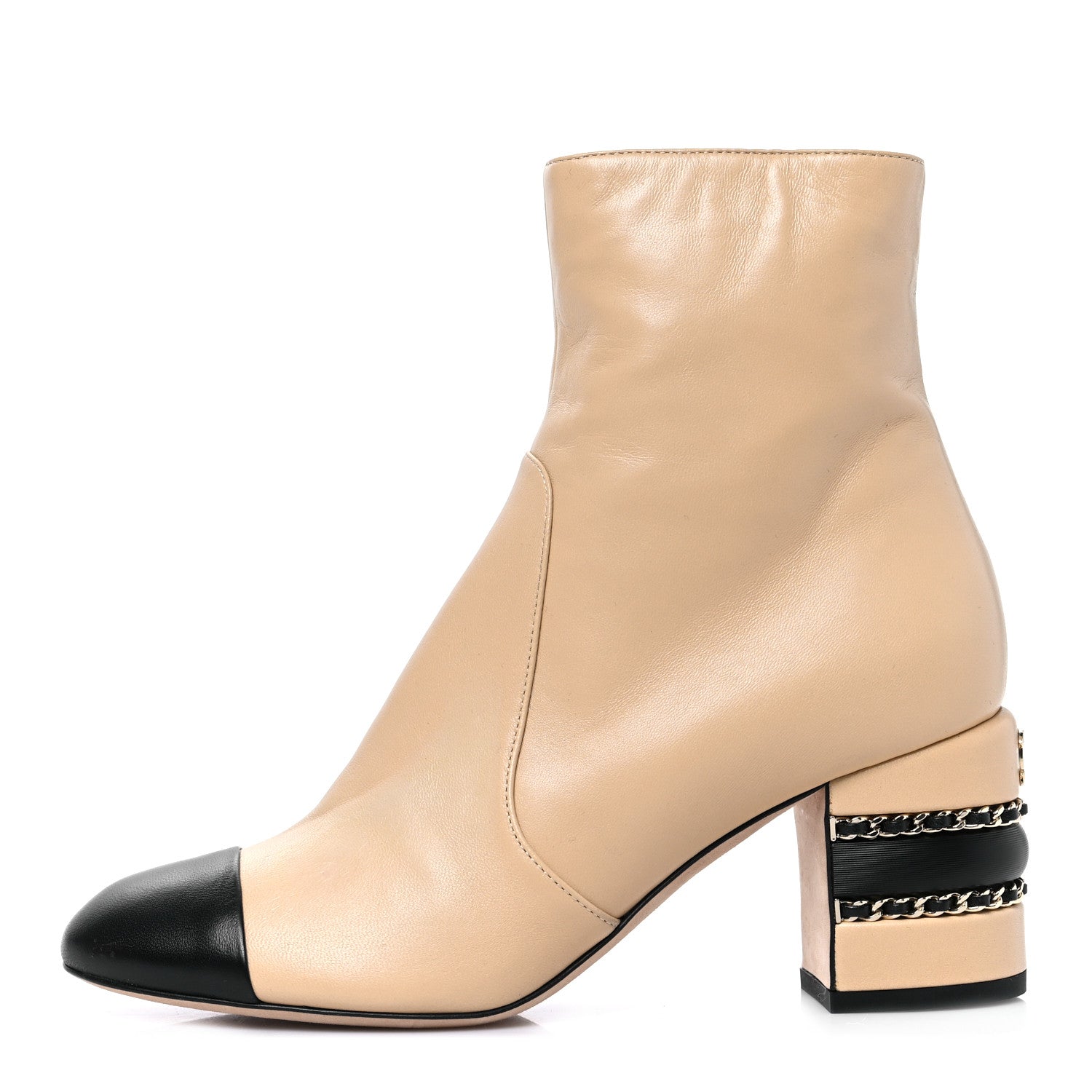 Chanel Lambskin Double Stack Chain Cap Toe Boots 36.5 Beige Black