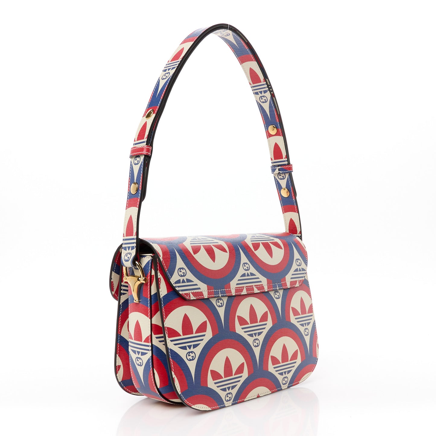 X ADIDAS Shangai Calfskin Web Trefoil Interlocking G Small Horsebit 1955 Shoulder Bag Red White Blue