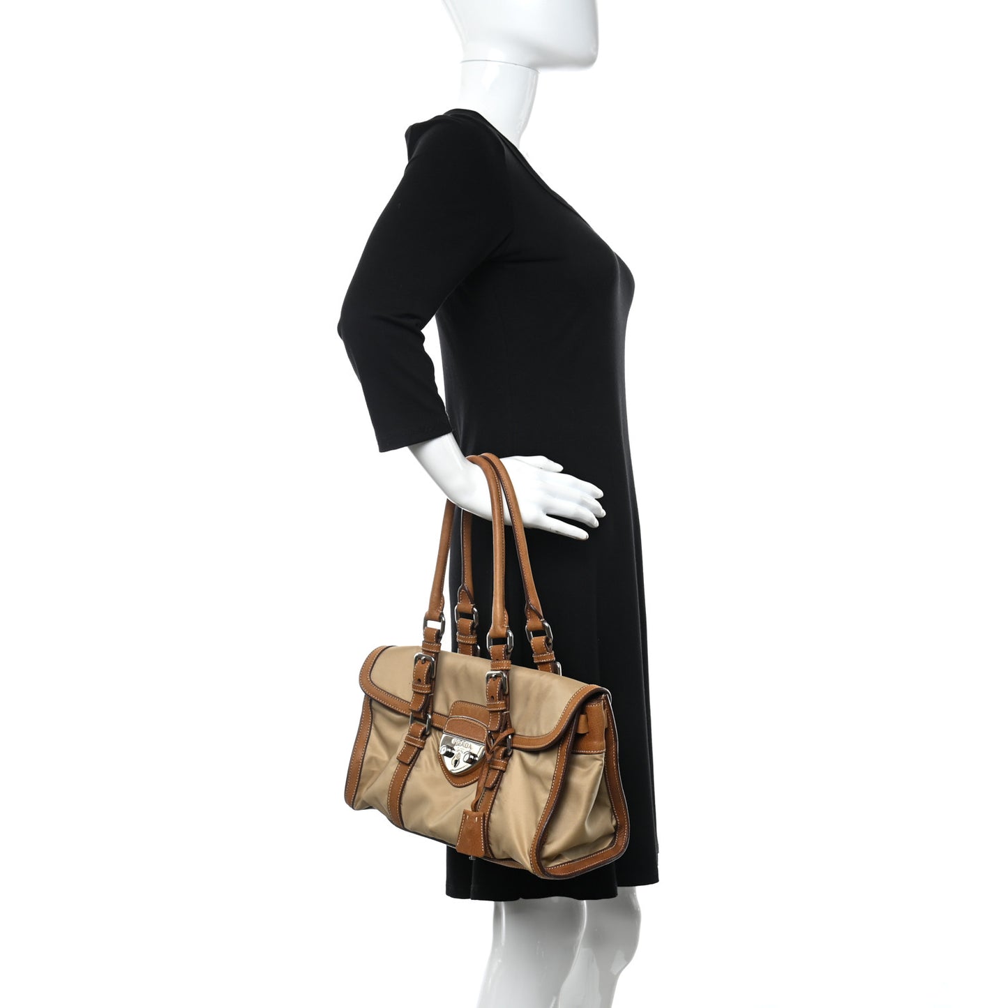 Tessuto Nylon Vitello Foldover Pushlock Satchel Beige