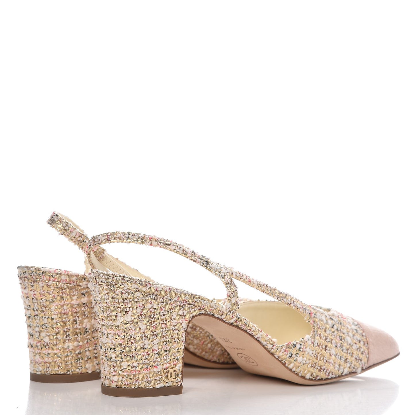 Tweed Patent Cap Toe CC Slingback Pumps 39.5 Pink