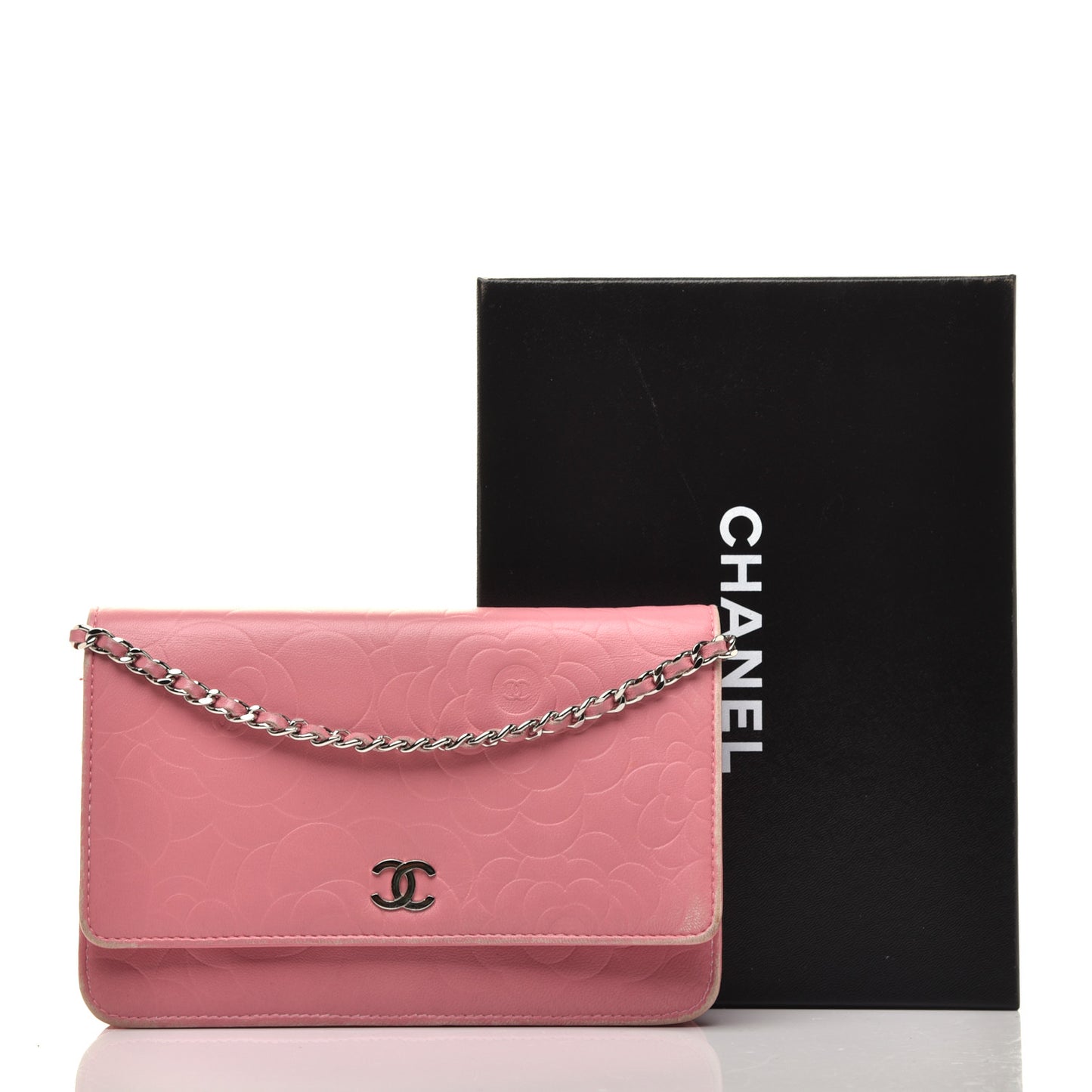 Lambskin Camellia Embossed Wallet On Chain WOC Pink