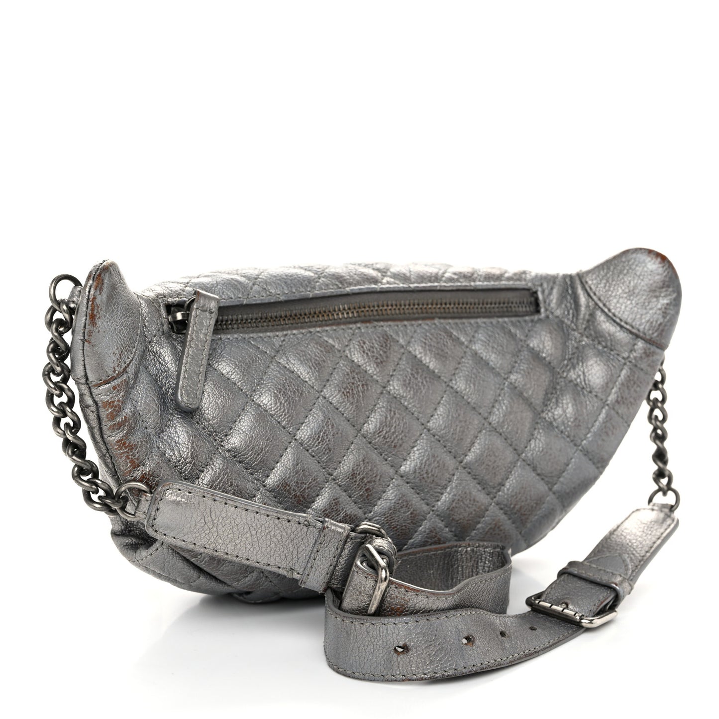 Metallic Calfskin Quilted Banane Waist Bag Fanny Pack Dark Silver