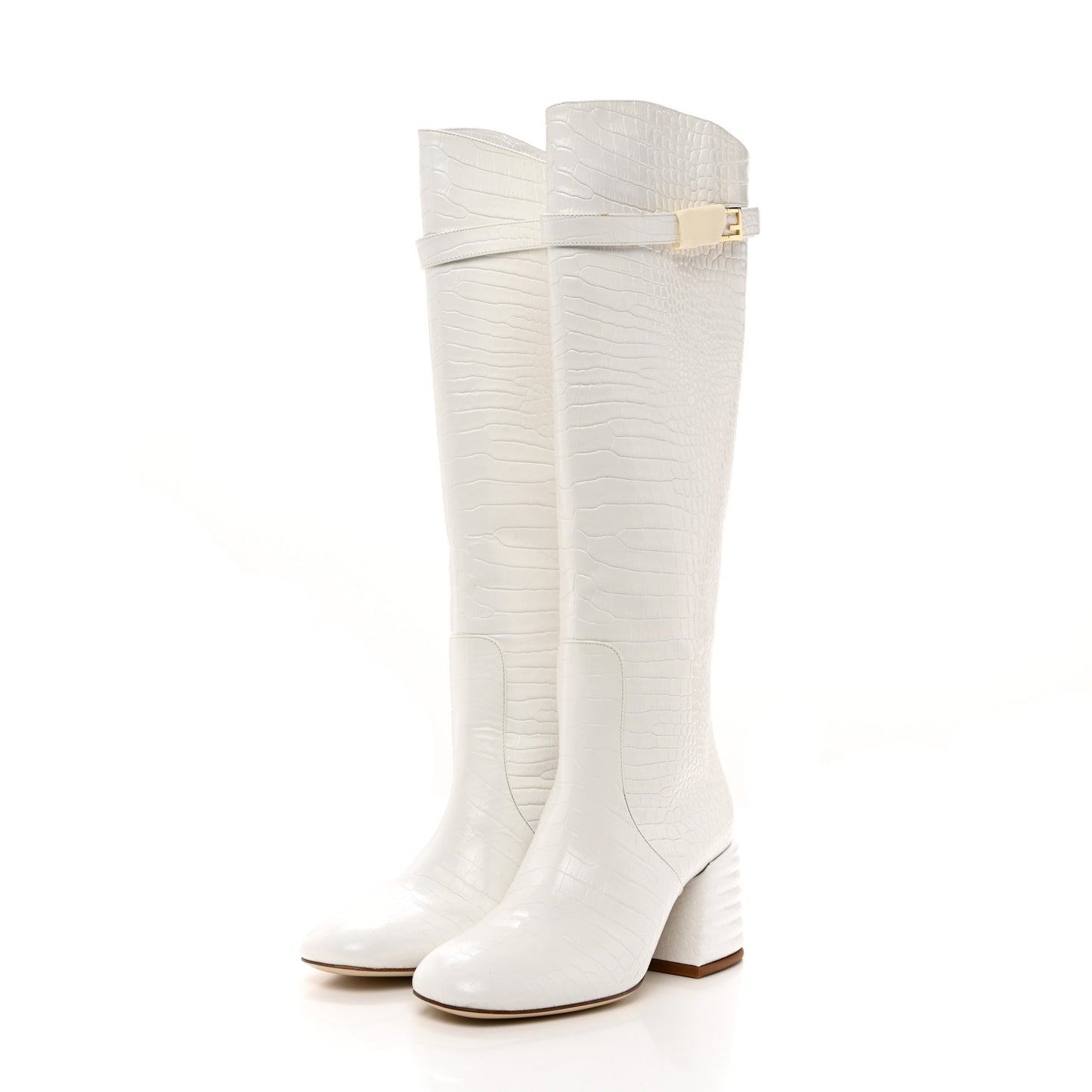 Calfskin Crocodile Embossed Knee High Block Heel Boots 35.5 White