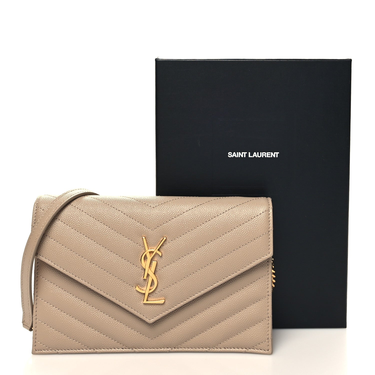 Saint Laurent Grain De Poudre Matelasse Chevron Monogram Envelope Chain Wallet Dark Beige 11 of 11