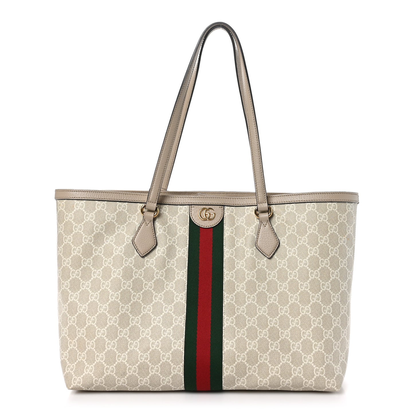 GG Supreme Monogram Textured Dollar Calfskin Web Medium Ophidia Shopping Tote Beige Mystic White Oatmeal