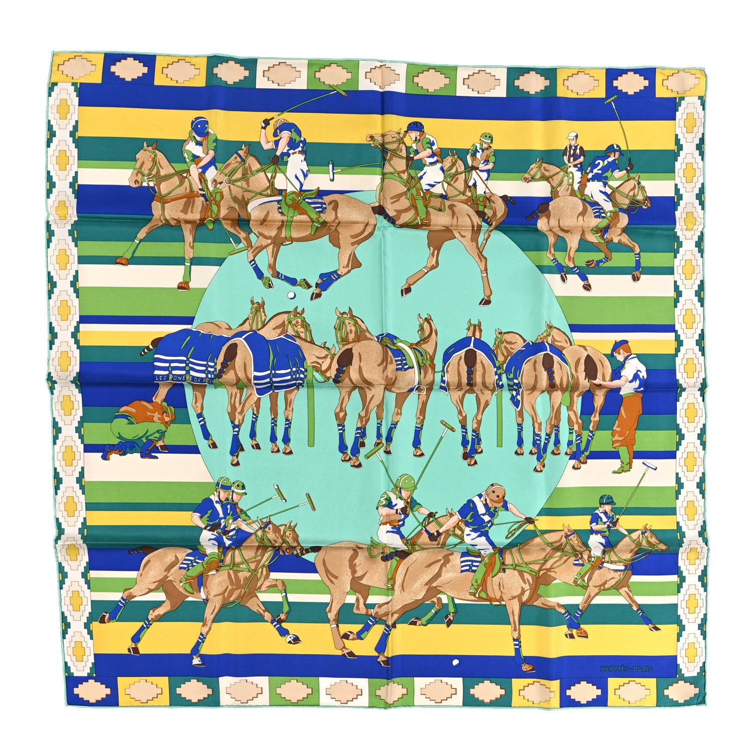 【HERMÈS】新品未使用 カレ90 「LES PONEYS DE POLO」柄 Hermes Silk Les Poneys De Polo Scarf 90 Army Green Black Orange