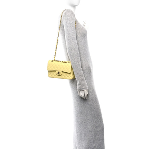 Caviar Quilted Small Double Flap Light Yellow