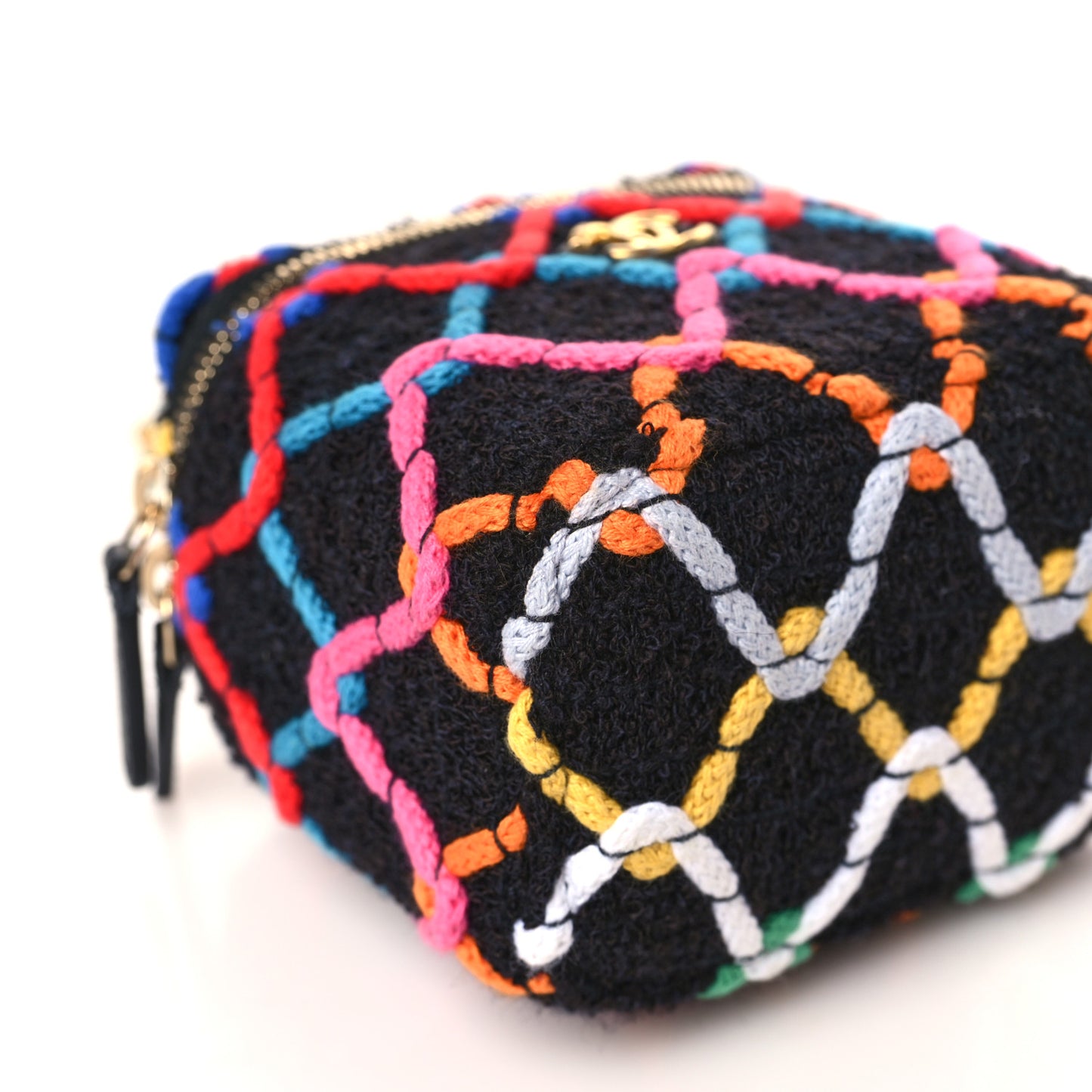 Tweed Diamond Threaded CC Pearl Crush Mini Vanity Case With Chain Black Multicolor