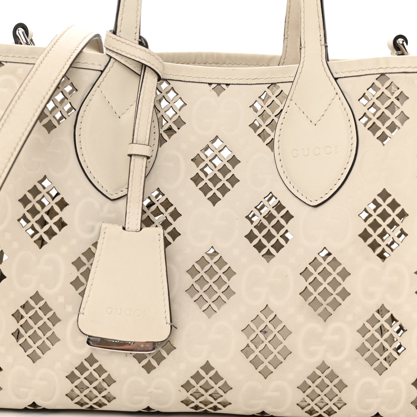 Calfskin GG Monogram Diamond Cut Small Ophidia Tote Bag Off White
