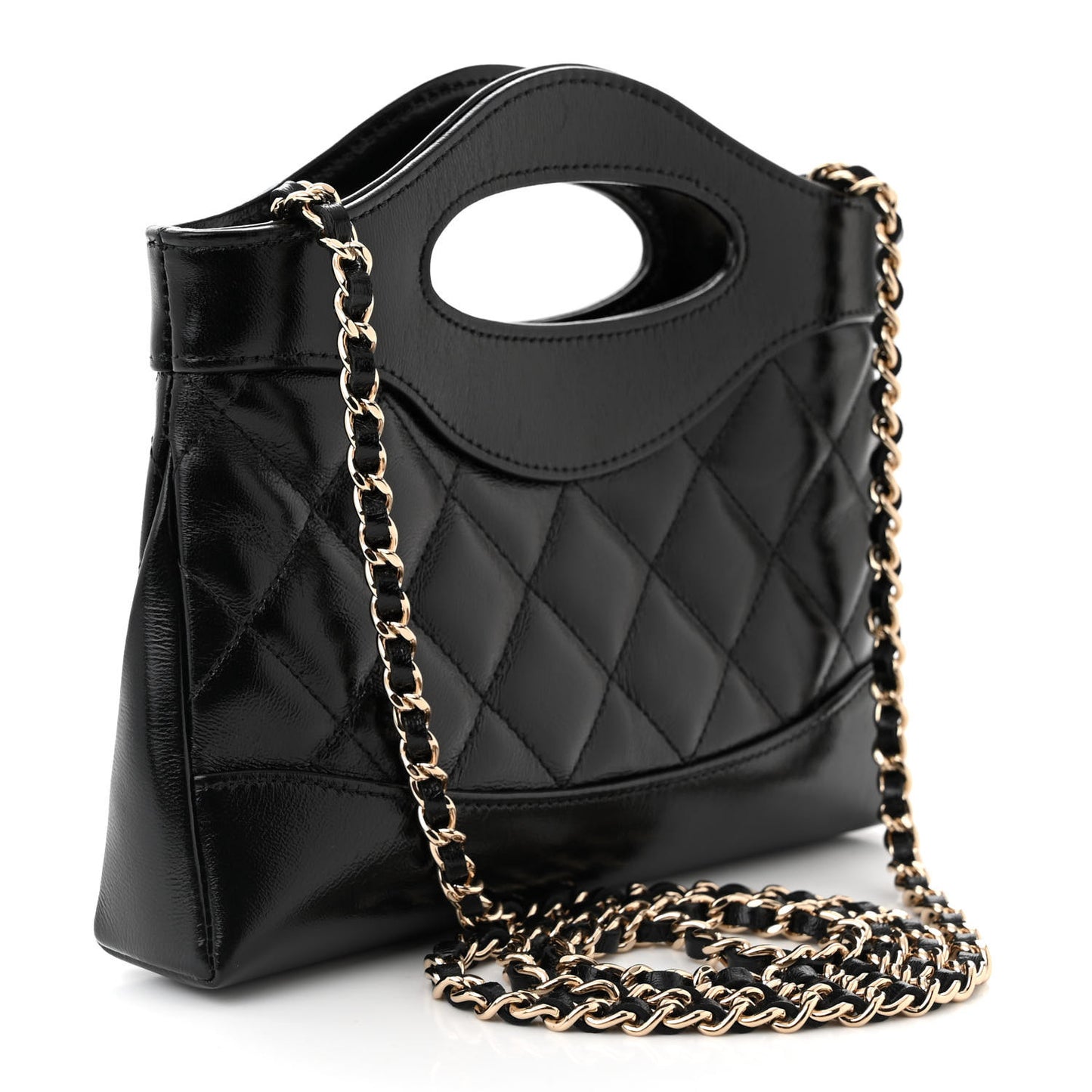 Shiny Crumpled Calfskin Quilted Nano 31 Shopping Bag Black