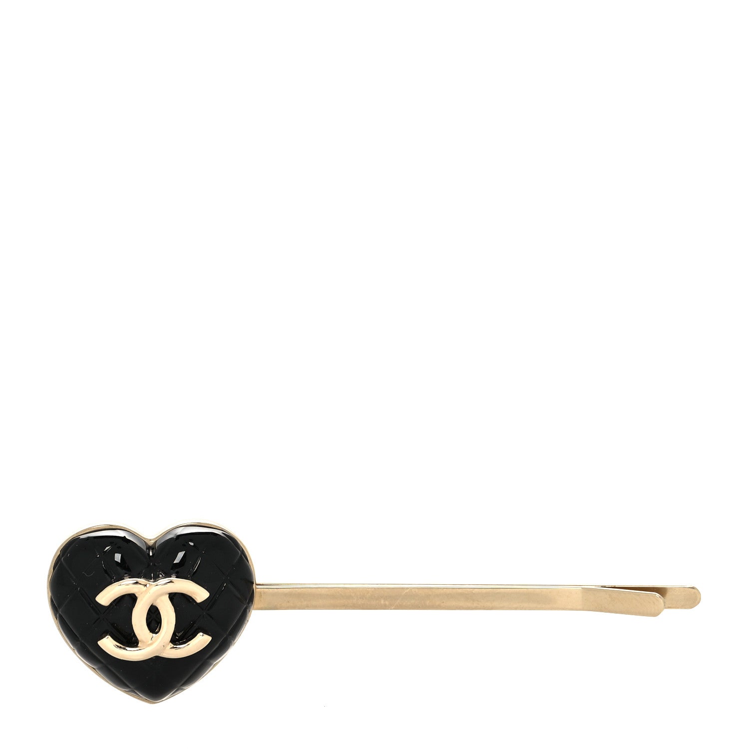 Chanel Resin Quilted Heart CC Hair Clip Pin Gold Black 1250067