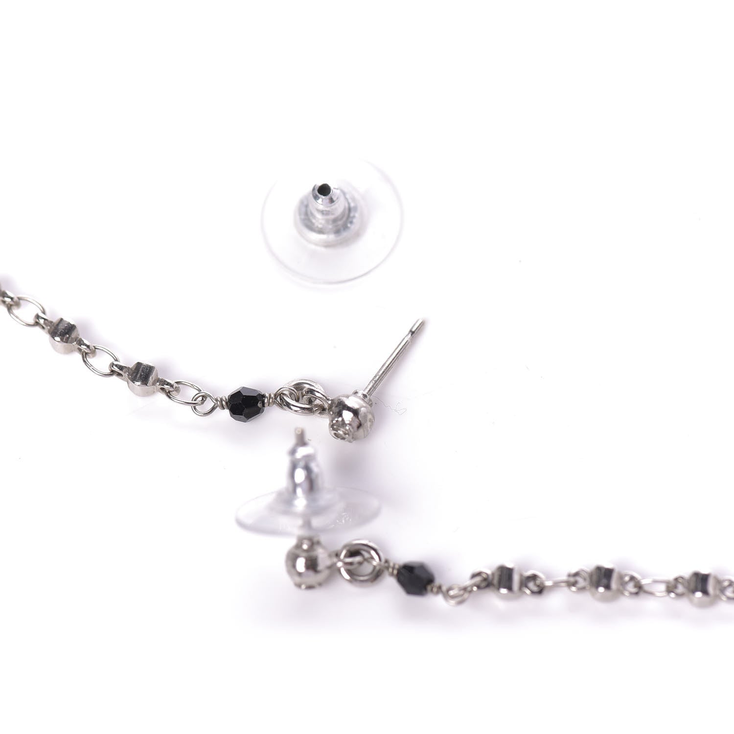 Chanel Pearl Crystal CC Tweed Drop Earrings Silver Blue Black 2 of 4