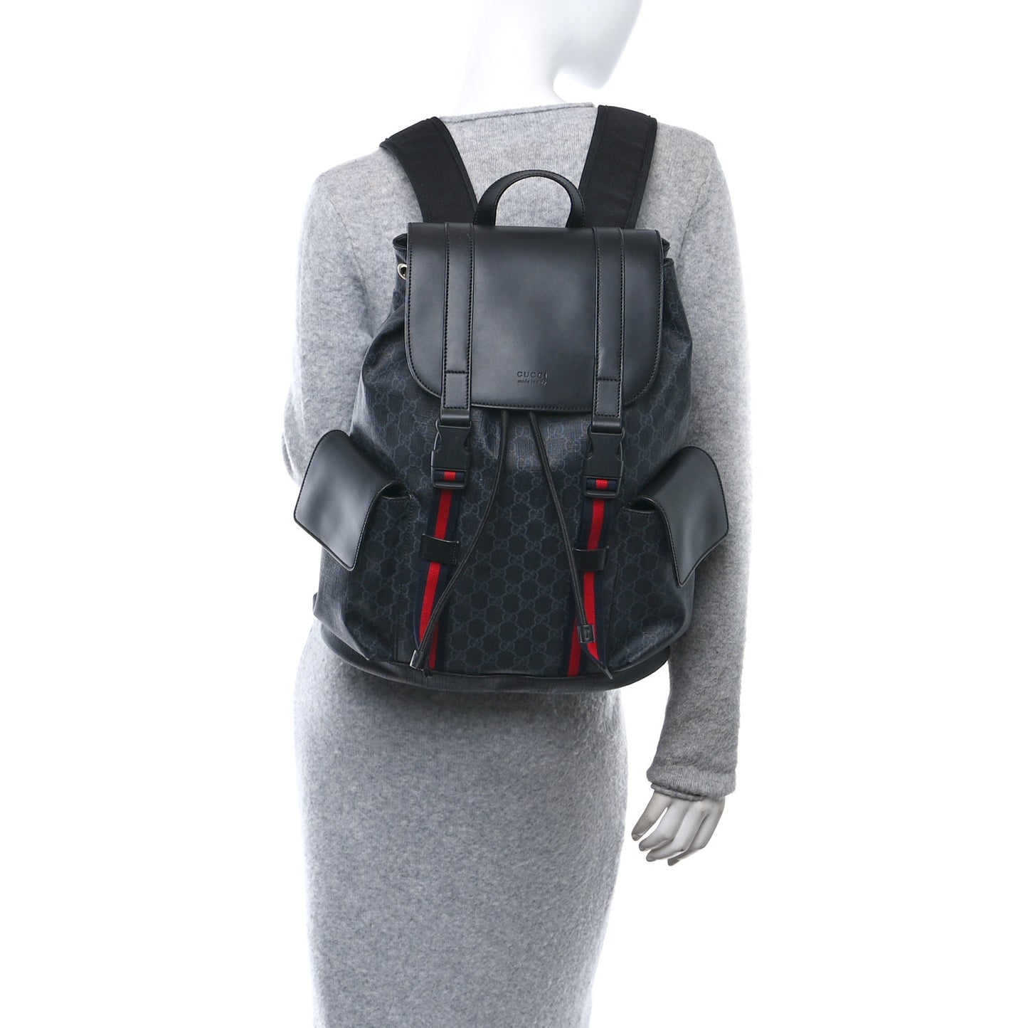 Soft GG Supreme Monogram Calfskin Web Double Buckle Backpack Black