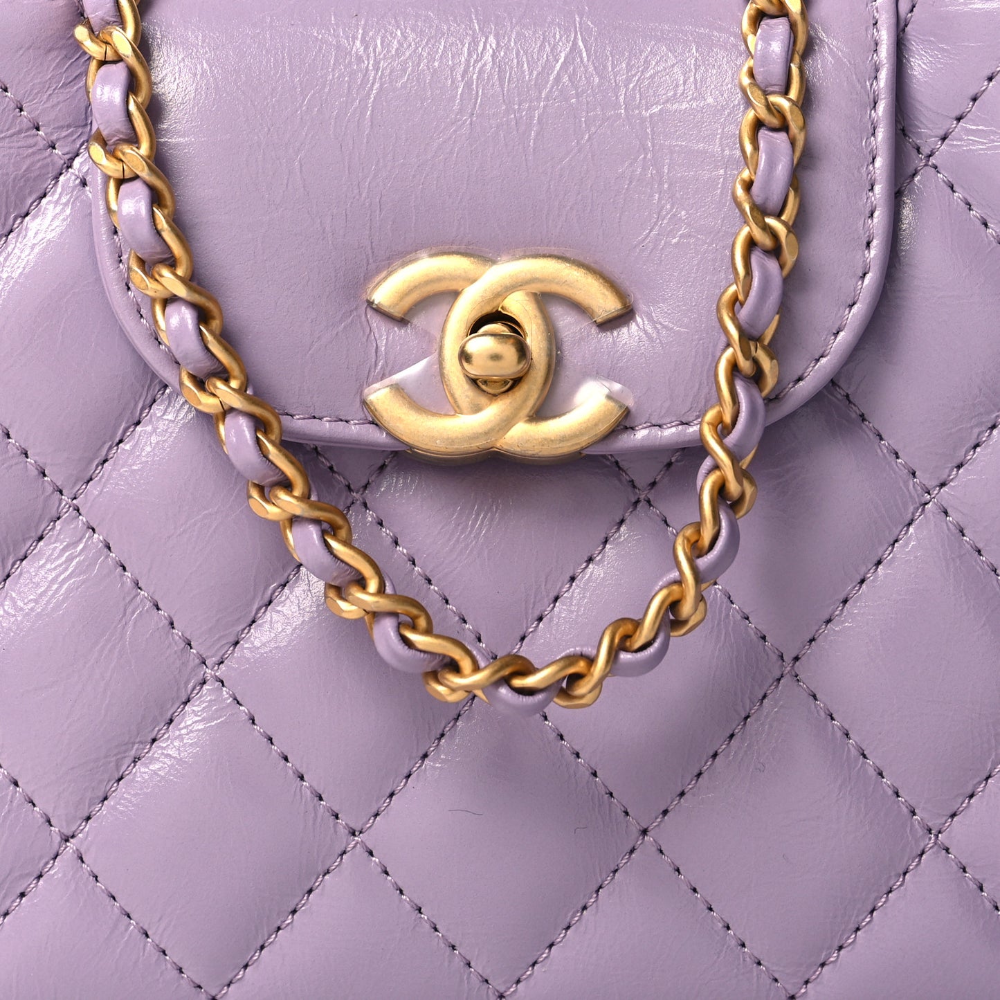 Shiny Aged Calfskin Quilted Nano Kelly Shopper Lilac