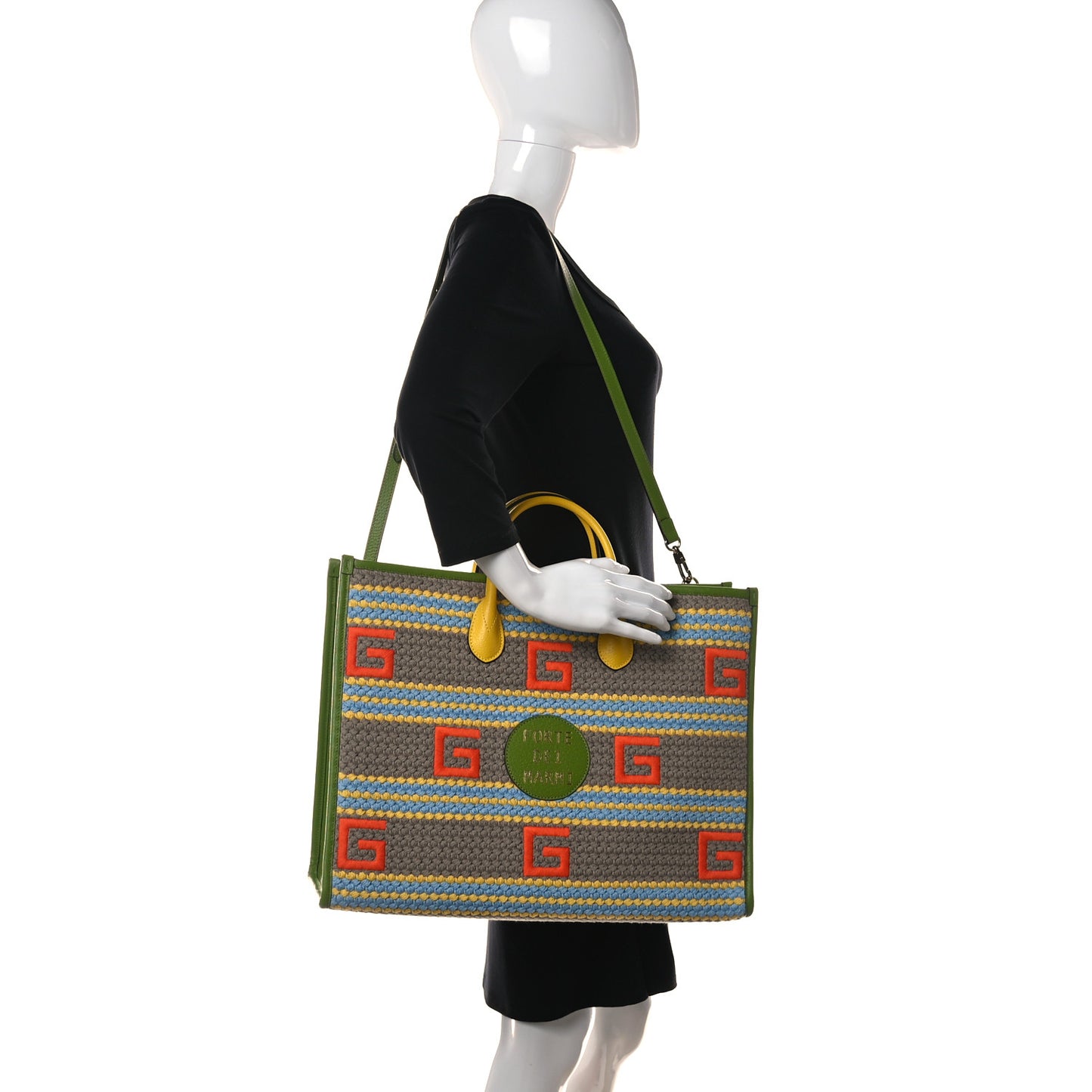 Fabric Embroidered Square G Forte Dei Marmi Striped Tote Bag Green Yellow
