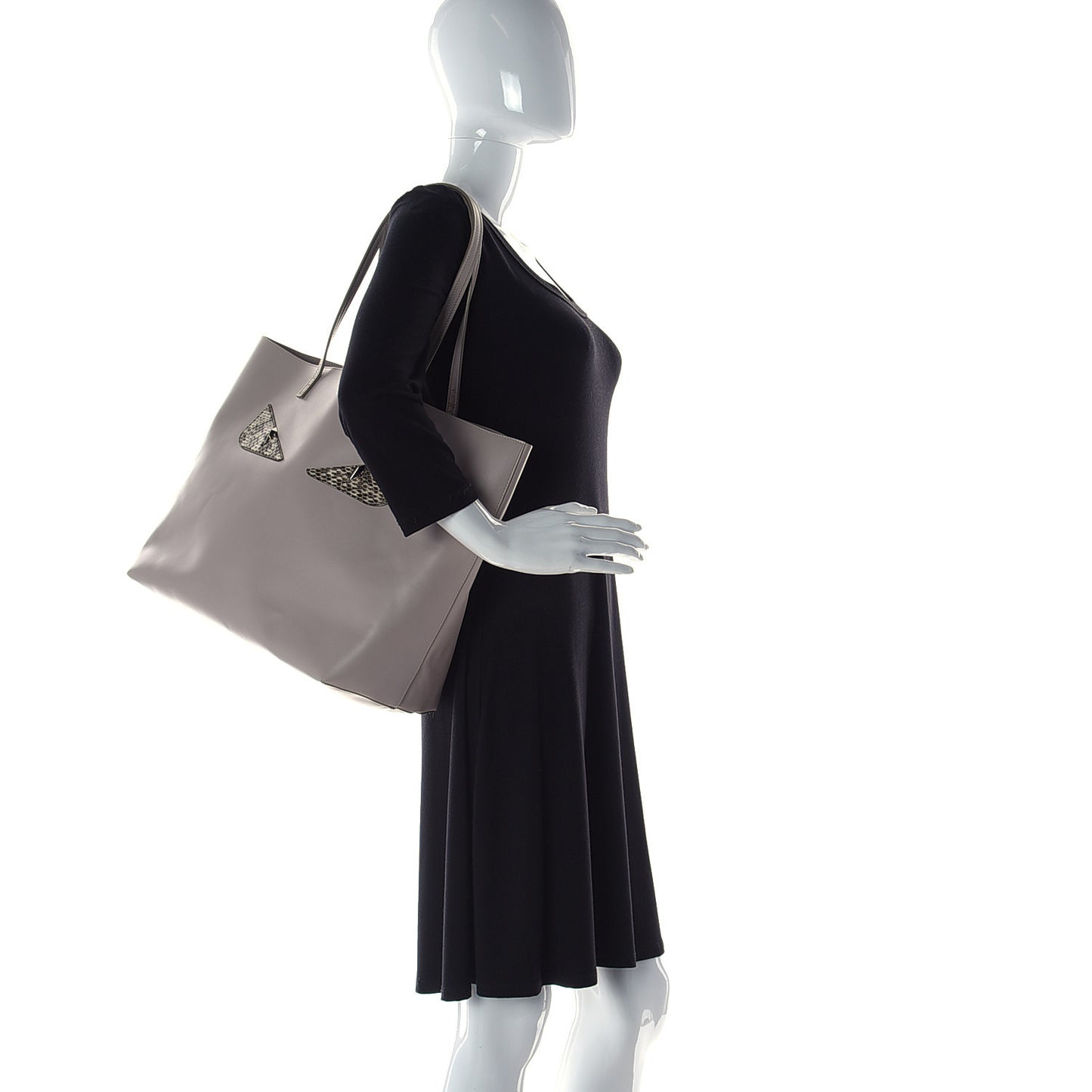 Vitello Ginevra Elaphe Monster Eyes Shopping Tote Grigio Polvere Naturale