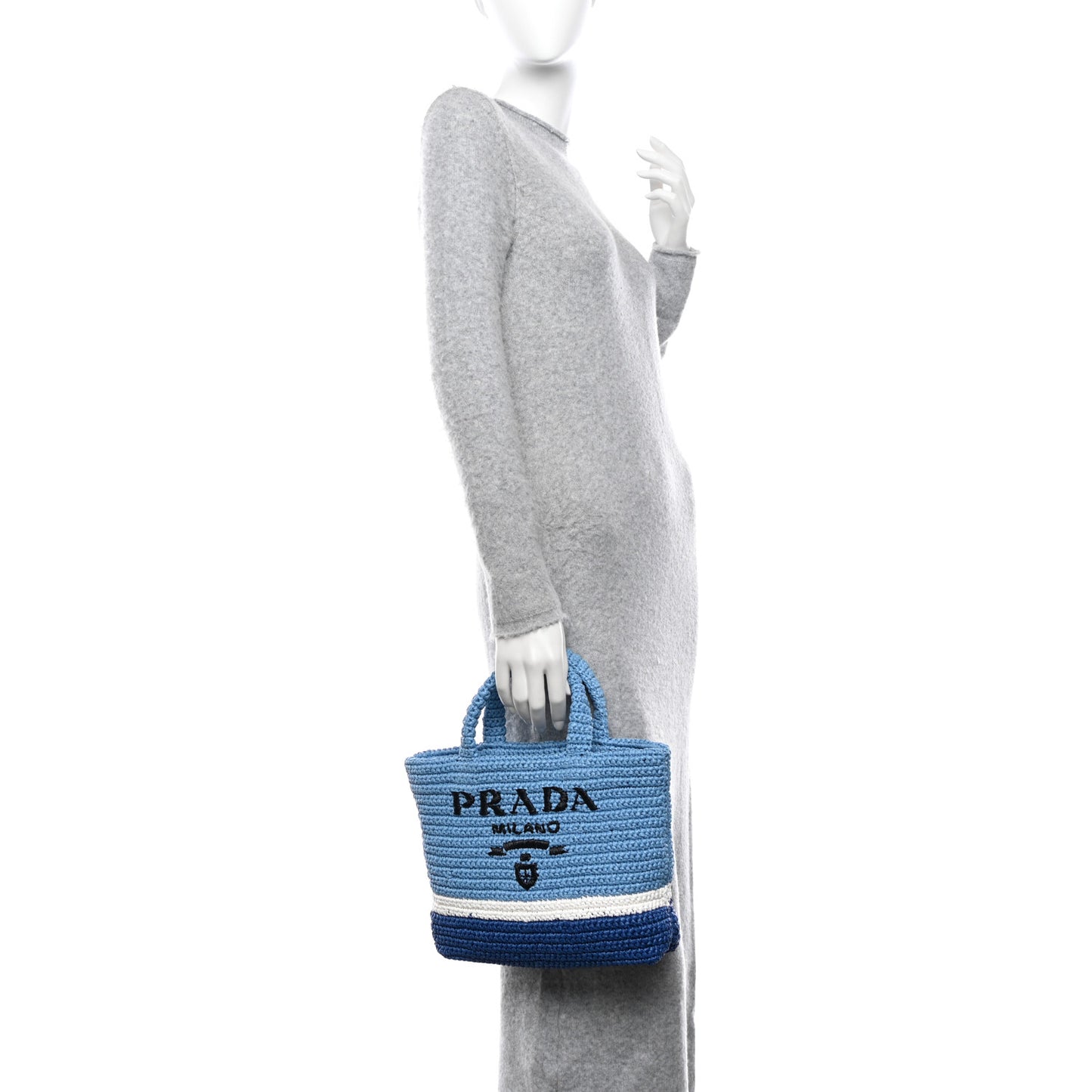 Yarn Raffia Effect Crochet Small Logo Tote Celeste Blue