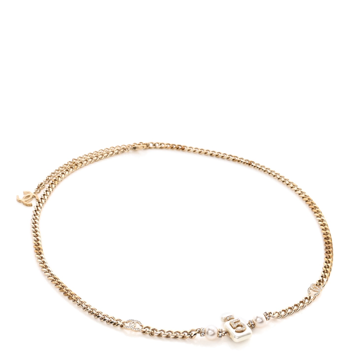 Pearl Resin Crystal CC No 5 Perfume Bottle Chain Belt Gold Pearly White