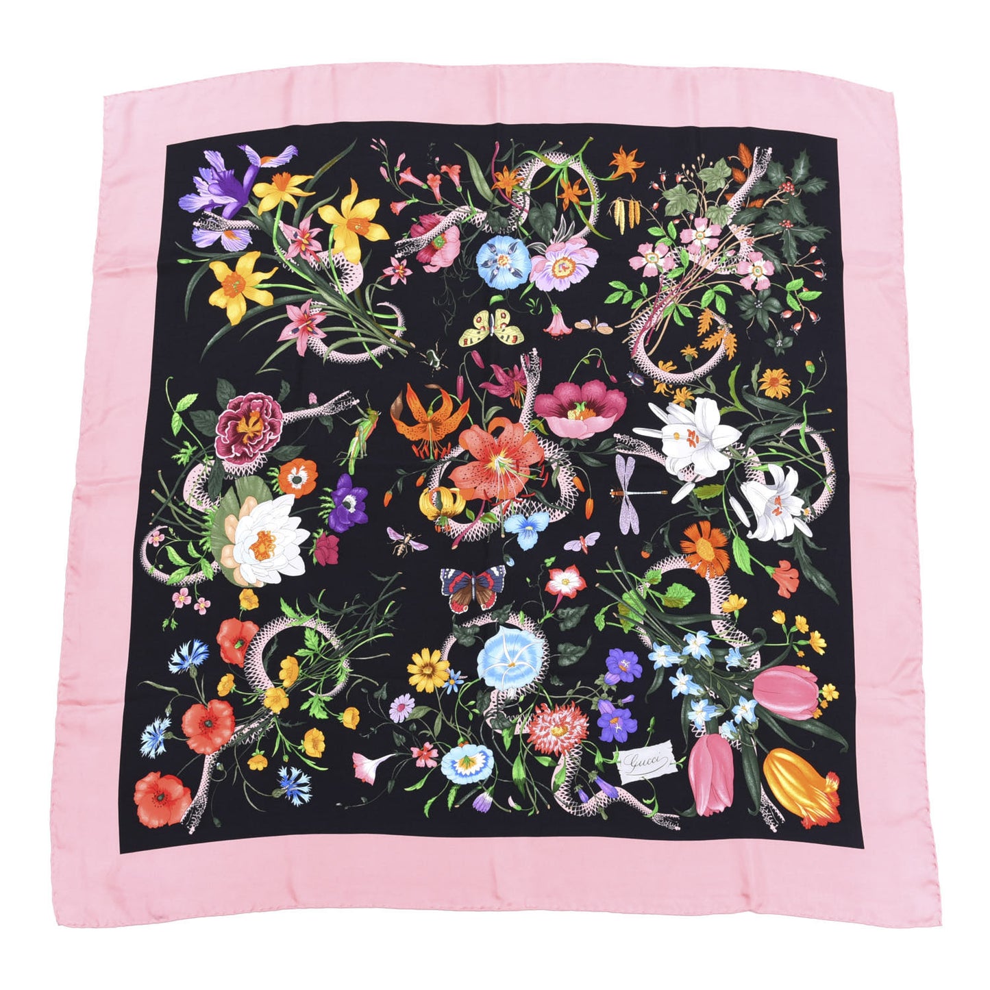 Silk Twill Flora Snake Square Scarf Black Pink