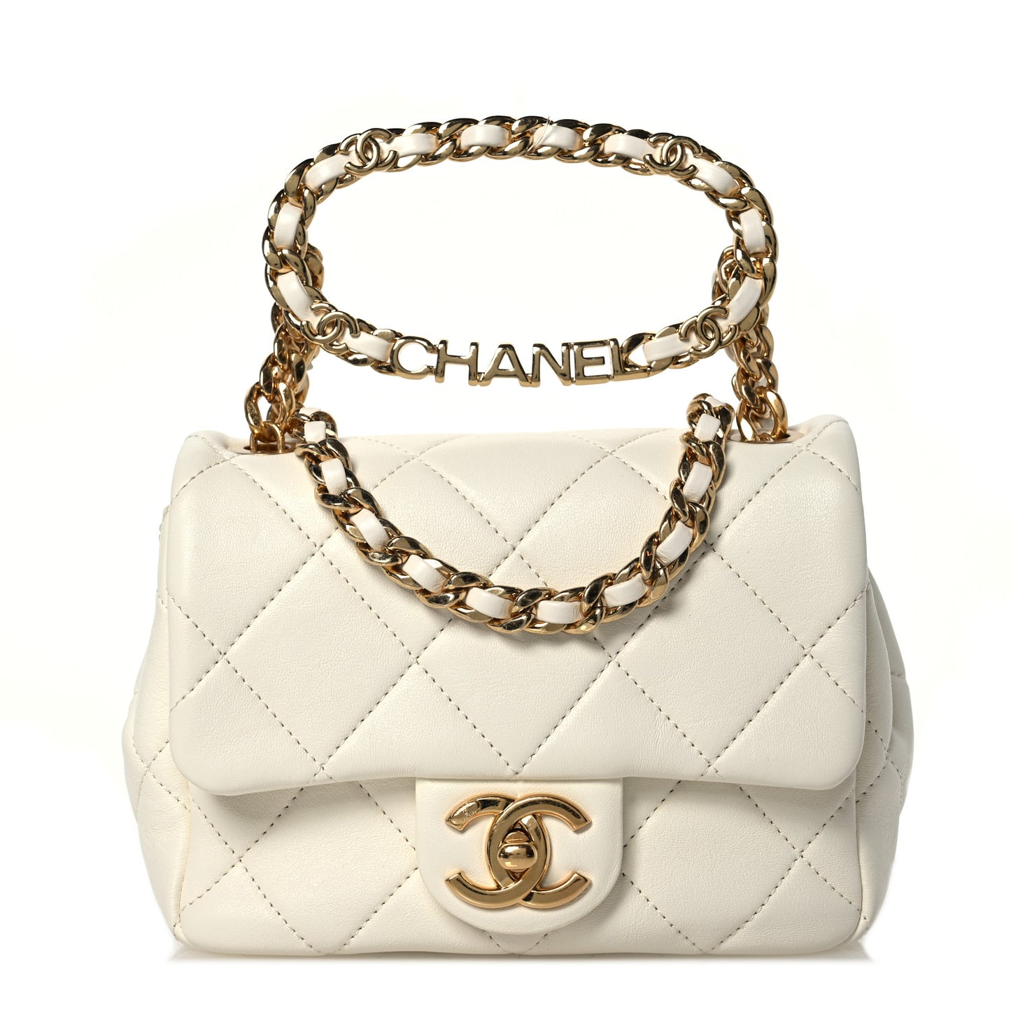 Lambskin Metal Quilted Mini Top Handle Square Flap White