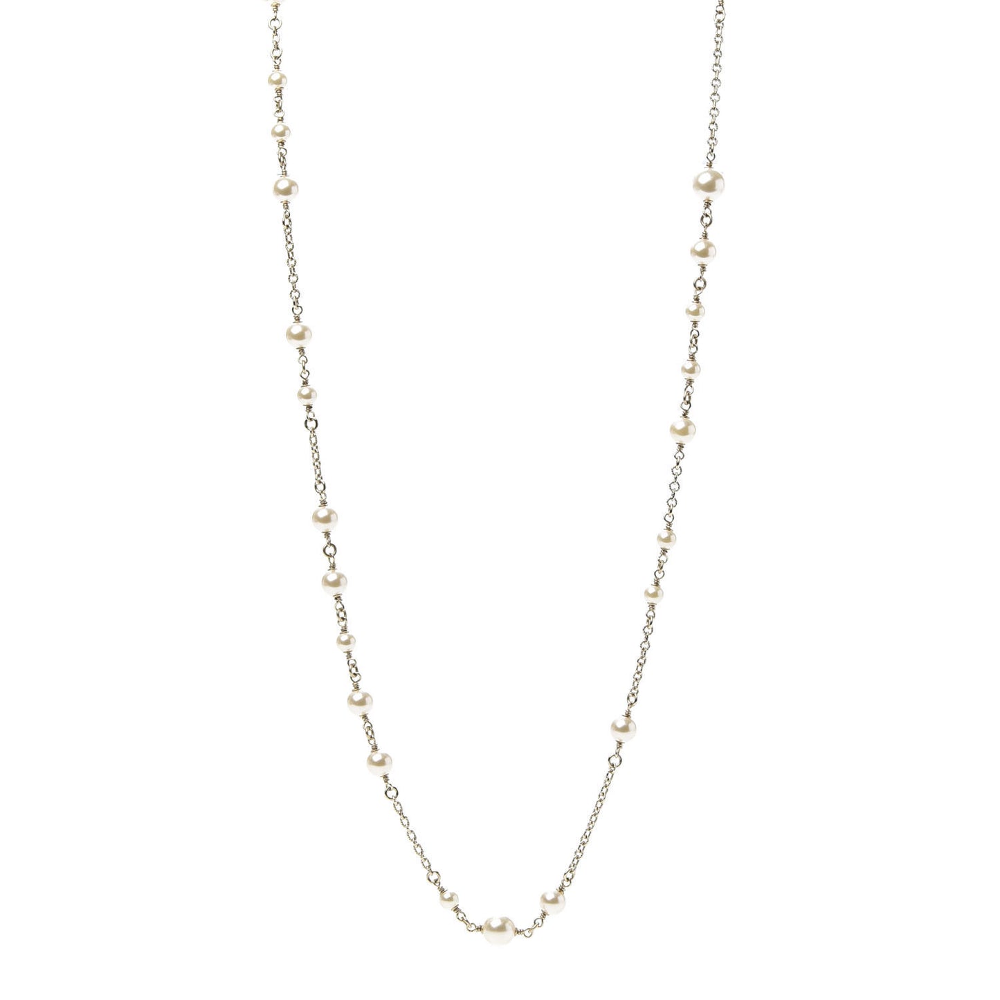 Graduated Pearl Crystal CC Long Necklace Gold Pearly White