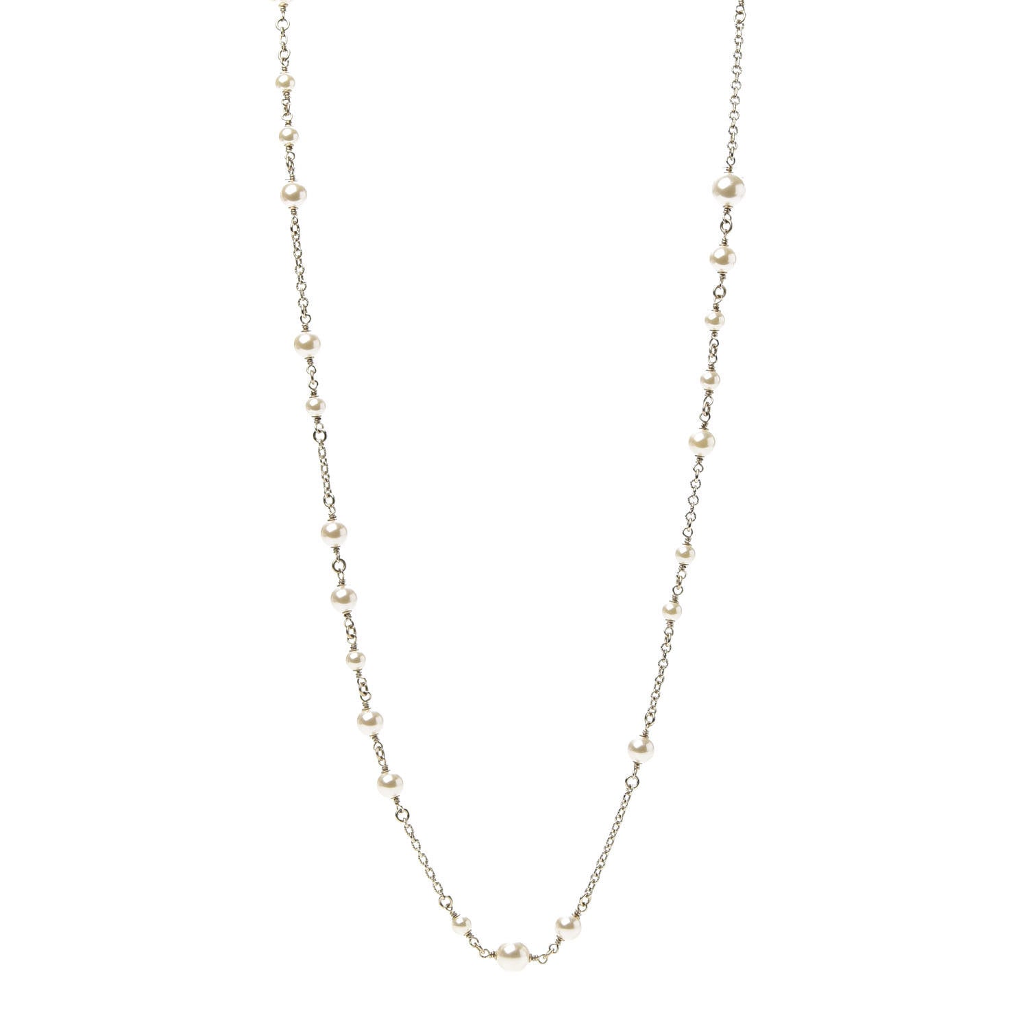 Chanel Graduated Pearl Crystal CC Long Necklace Gold Pearly White 1 of 6