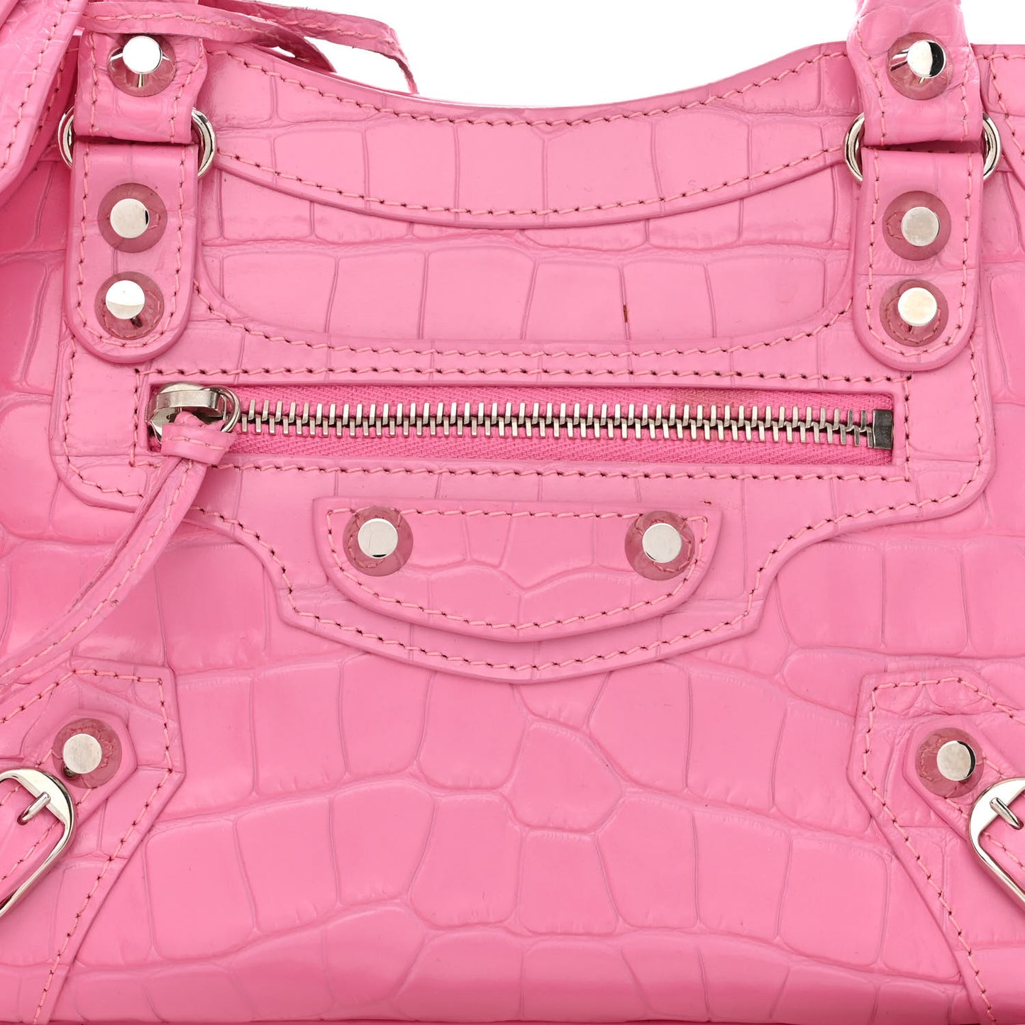 Shiny Supple Calfskin Crocodile Embossed Classic Silver Hardware Mini City Baby Pink