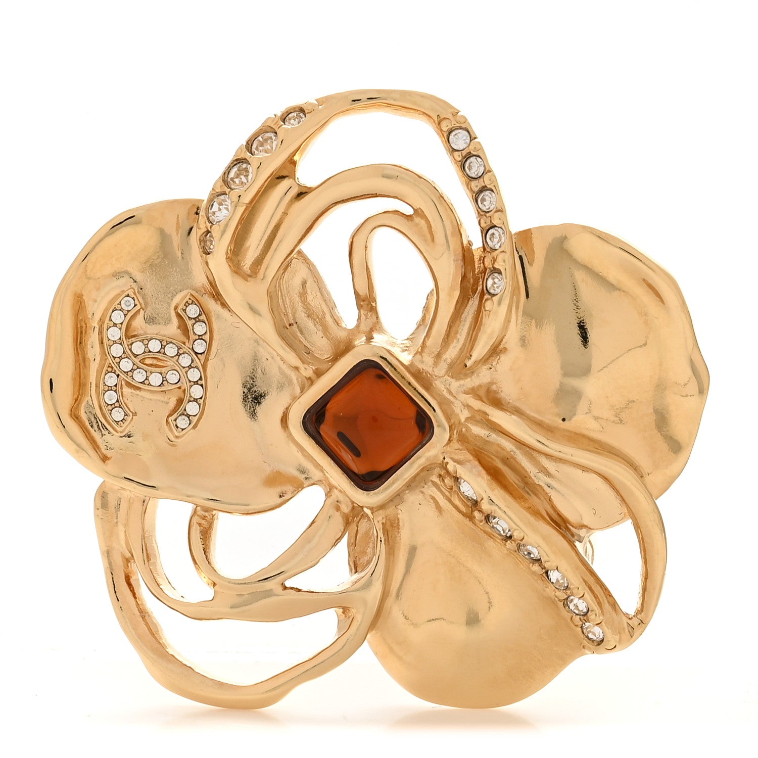 Chanel Metal Crystal CC Camellia CC Brooch Gold Brown 1882603