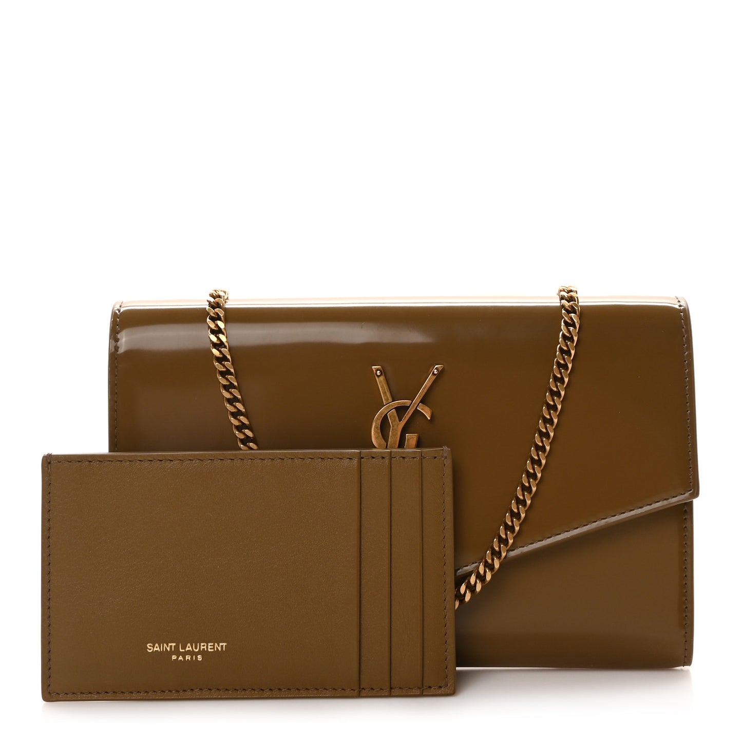 Patent Calfskin Uptown Chain Wallet Taupe