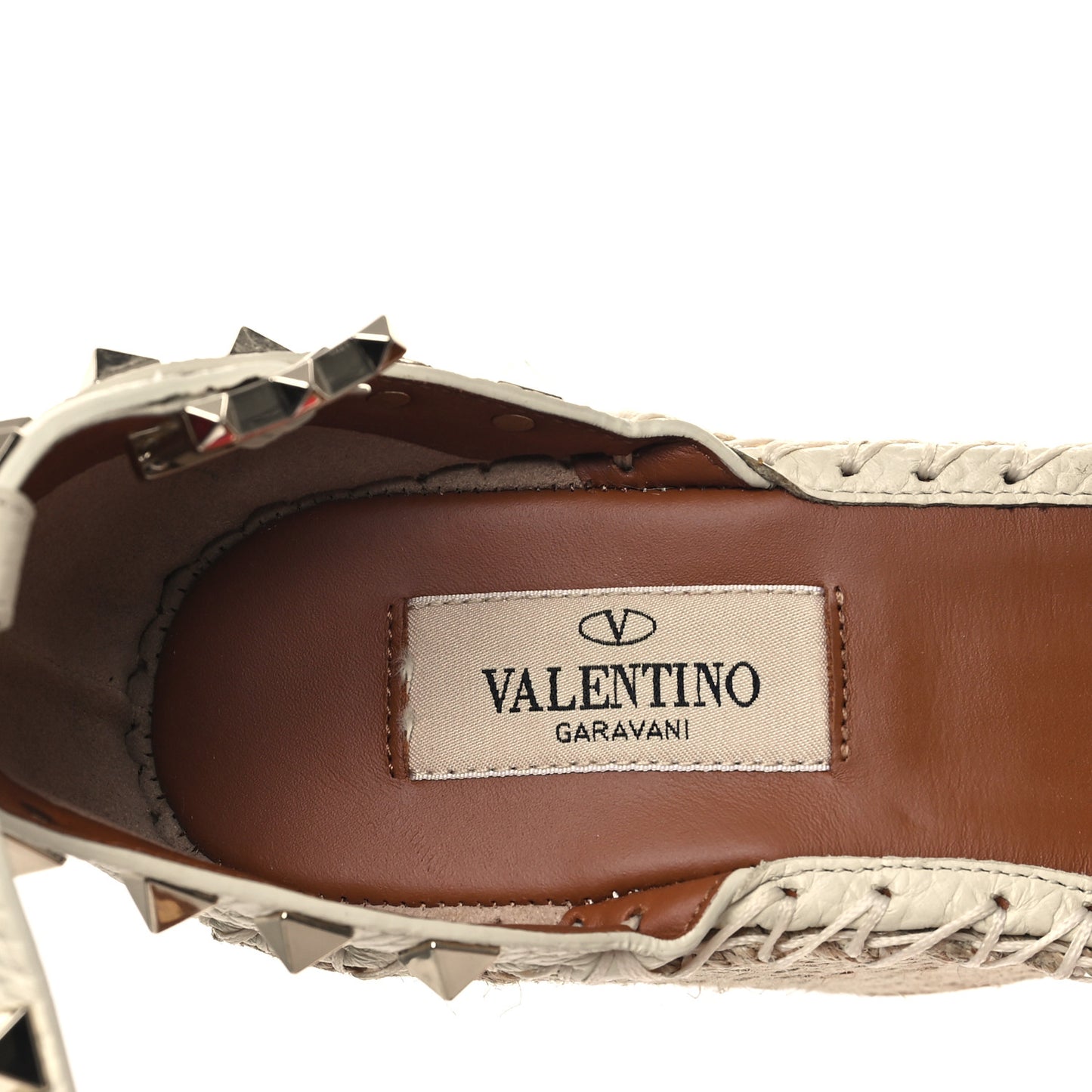 Grained Calfskin Rockstud Ankle Strap Espadrille Wedge Sandals 35 Light Ivory