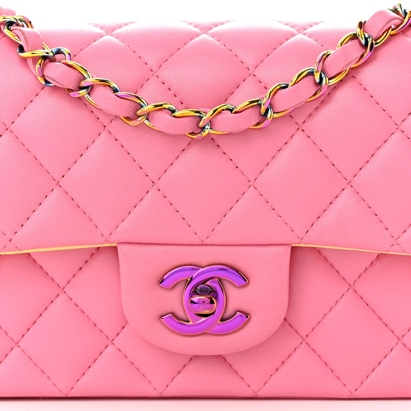 Lambskin Quilted Mini Rectangular Flap Pink Yellow