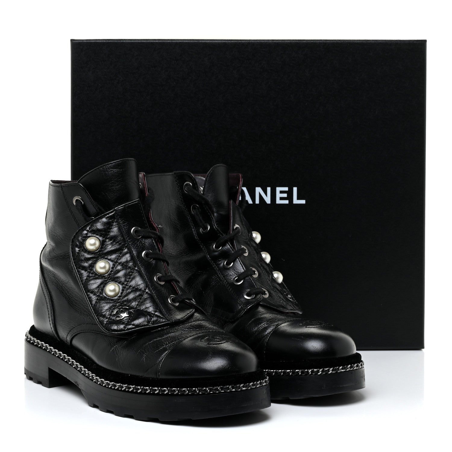 Chanel Crackled Calfskin Velvet Pearl Combat Short Boots 39 Black 19 of 19