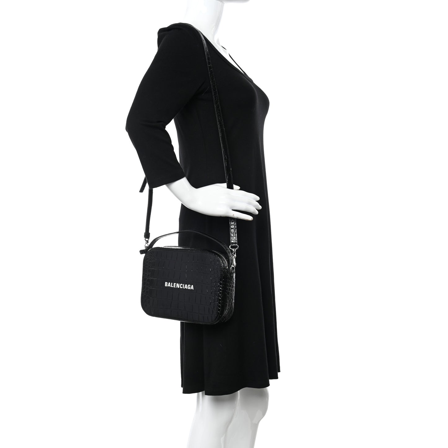 Shiny Calfskin Logo Crocodile Embossed S Everyday Camera Bag with Handle Black