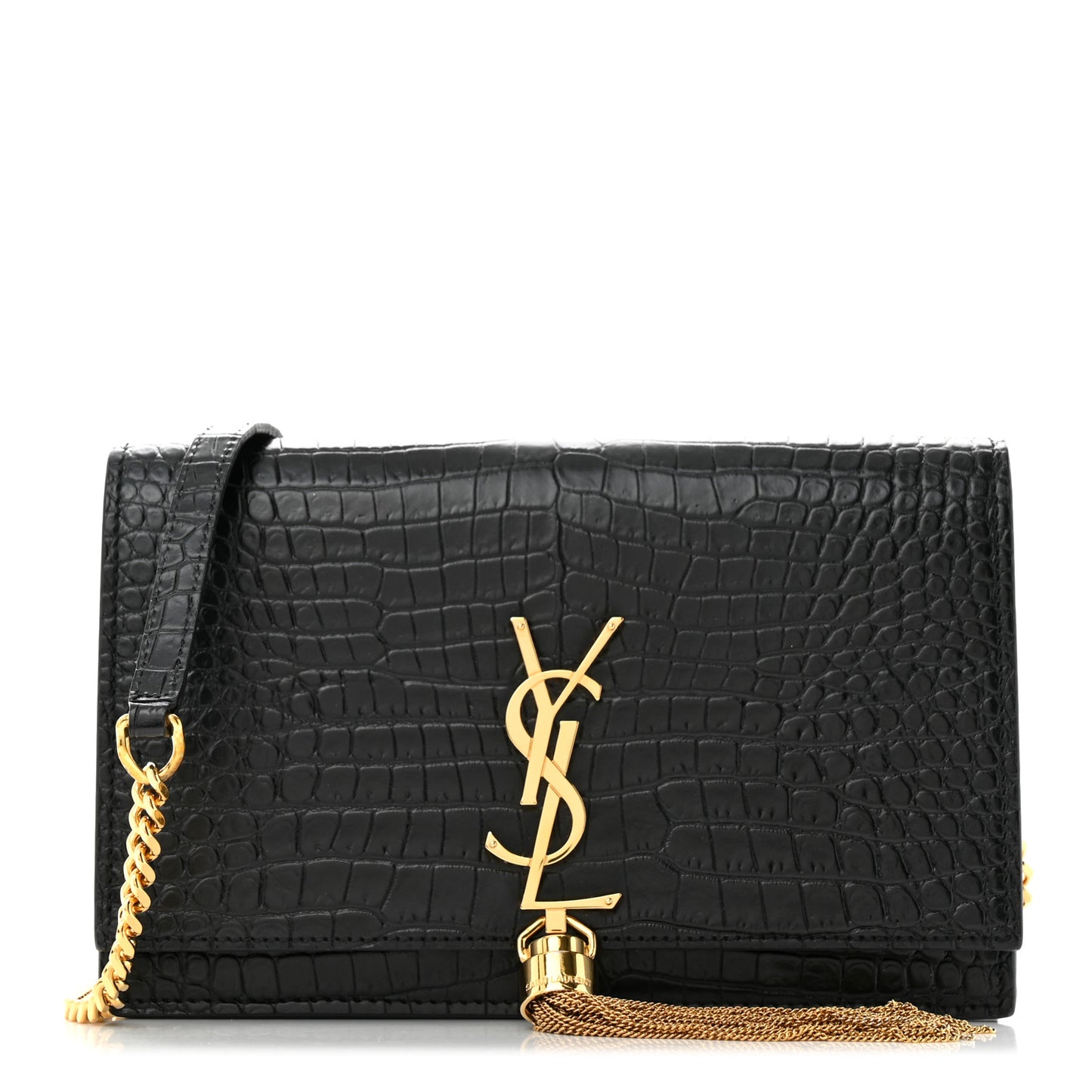 SAINT LAURENT Calfskin Crocodile Embossed Kate Monogram Tassel Chain Wallet Black