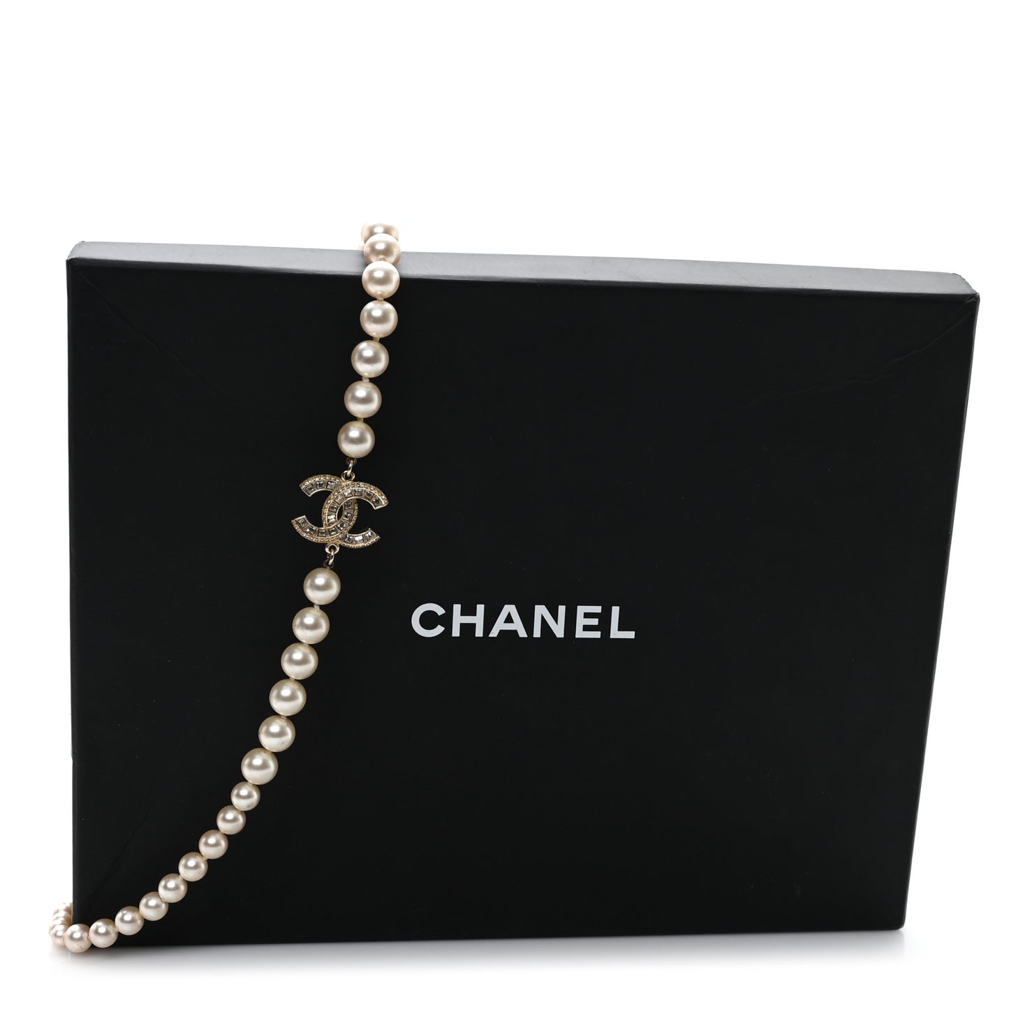 Graduated Pearl Crystal CC Long Necklace White
