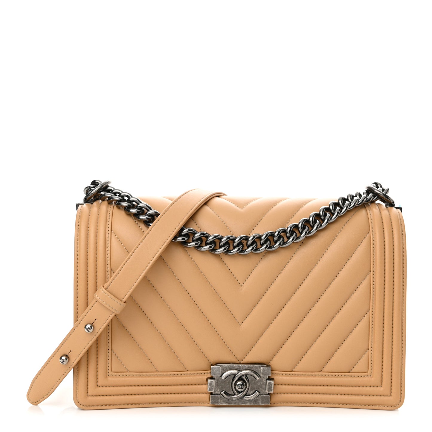 Calfskin Chevron Quilted New Medium Boy Flap Beige
