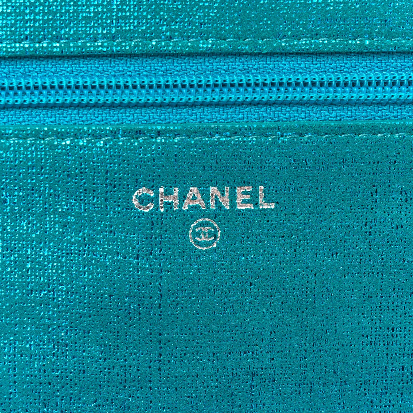 Metallic Iridescent Calfskin Wallet On Chain WOC Turquoise