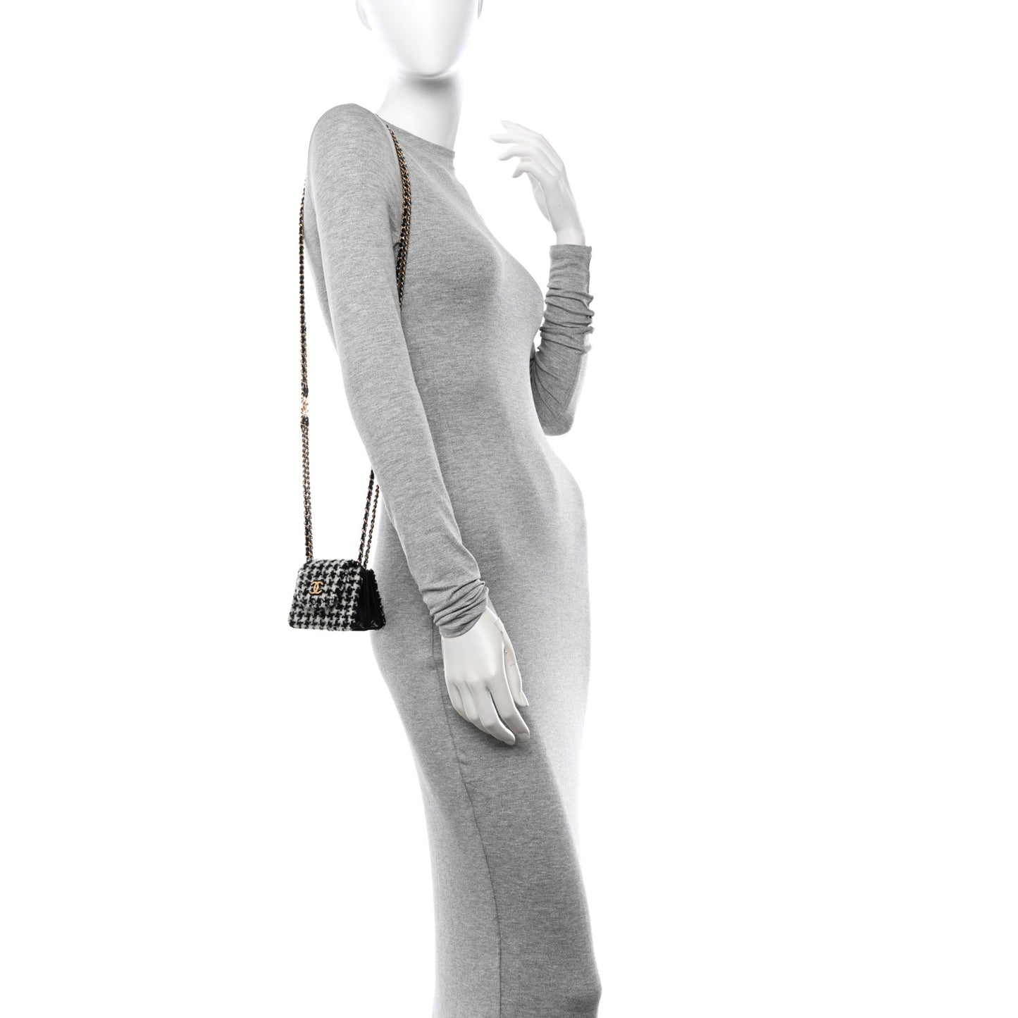 Tweed Houndstooth Quilted Mini Accordion Clutch With Chain White Black