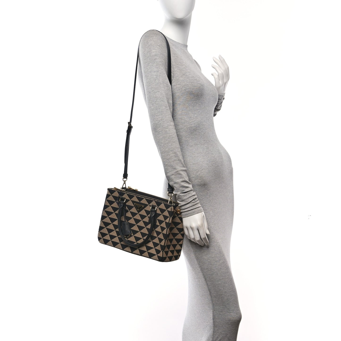 Jacquard Saffiano Triangolo Symbole Embroidered Small Galleria Double Zip Tote Black Corda