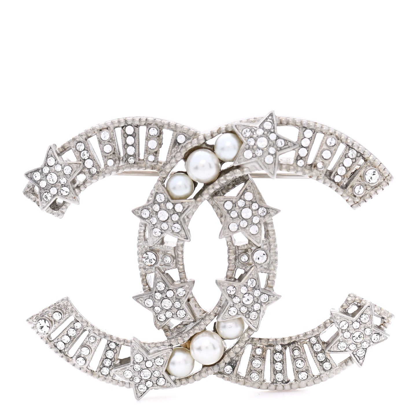 Crystal Pearl CC Star Coco Flapper Brooch Silver