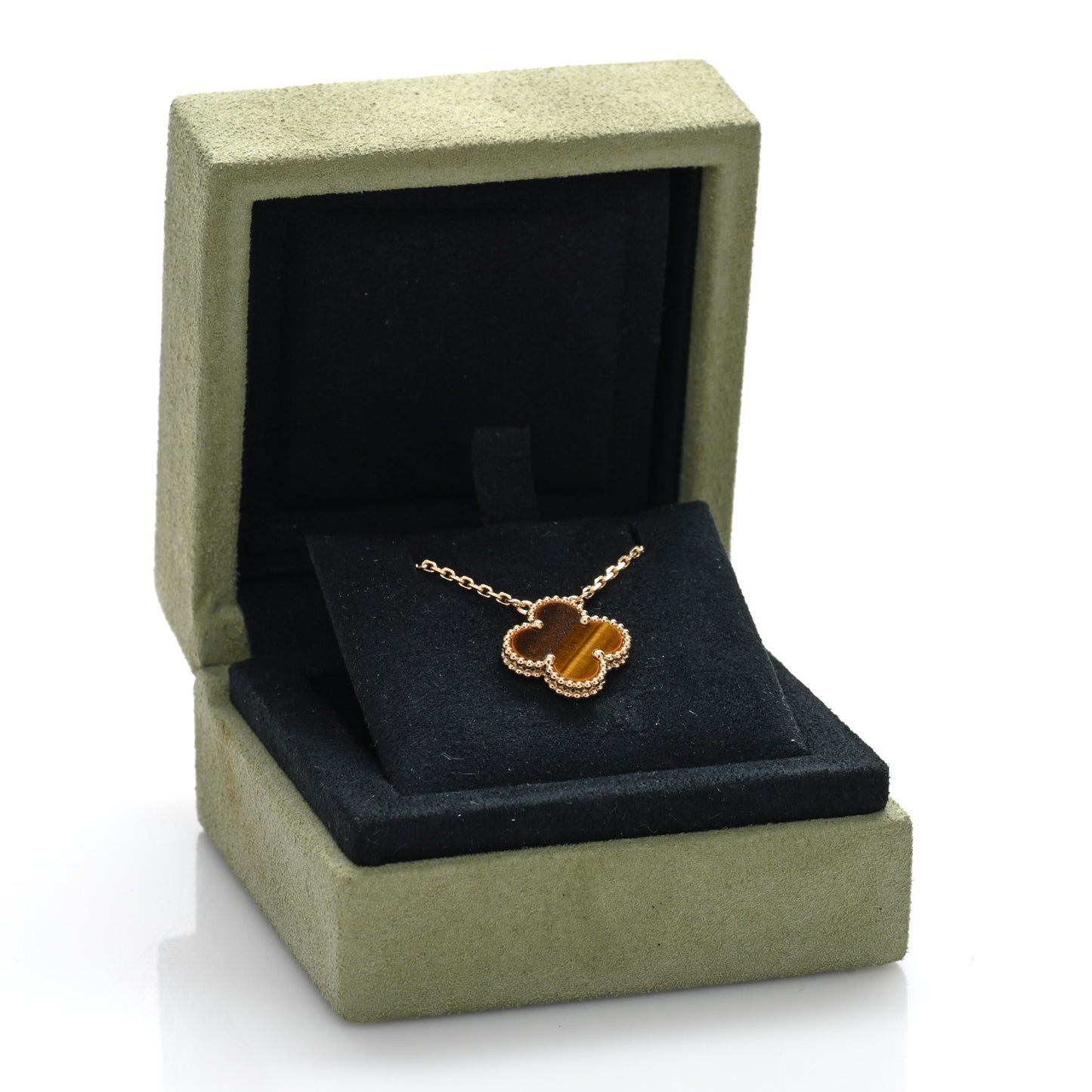 18K Yellow Gold Tiger Eye Vintage Alhambra Pendant Necklace