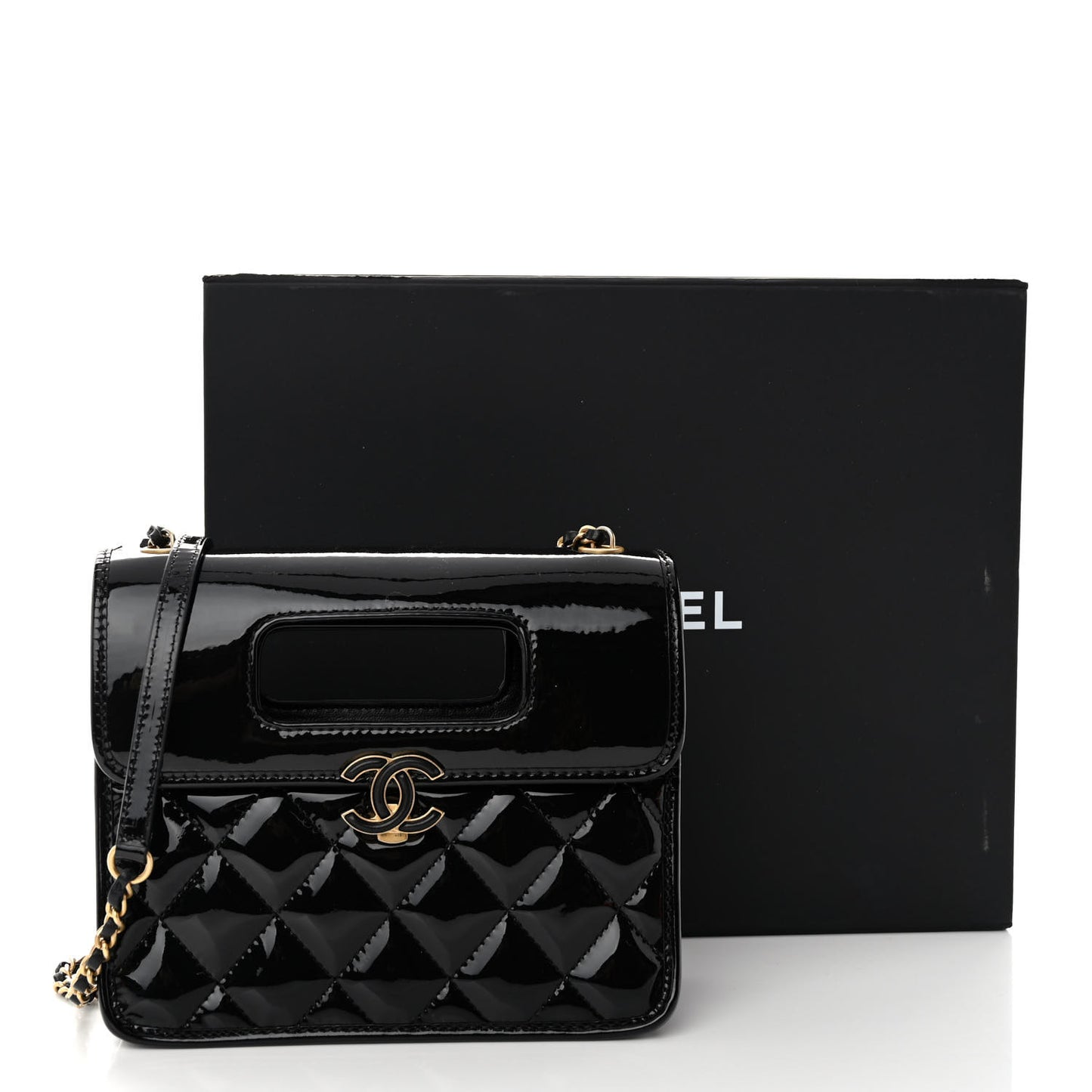 Patent Quilted Mini Graphic Catch Flap Black