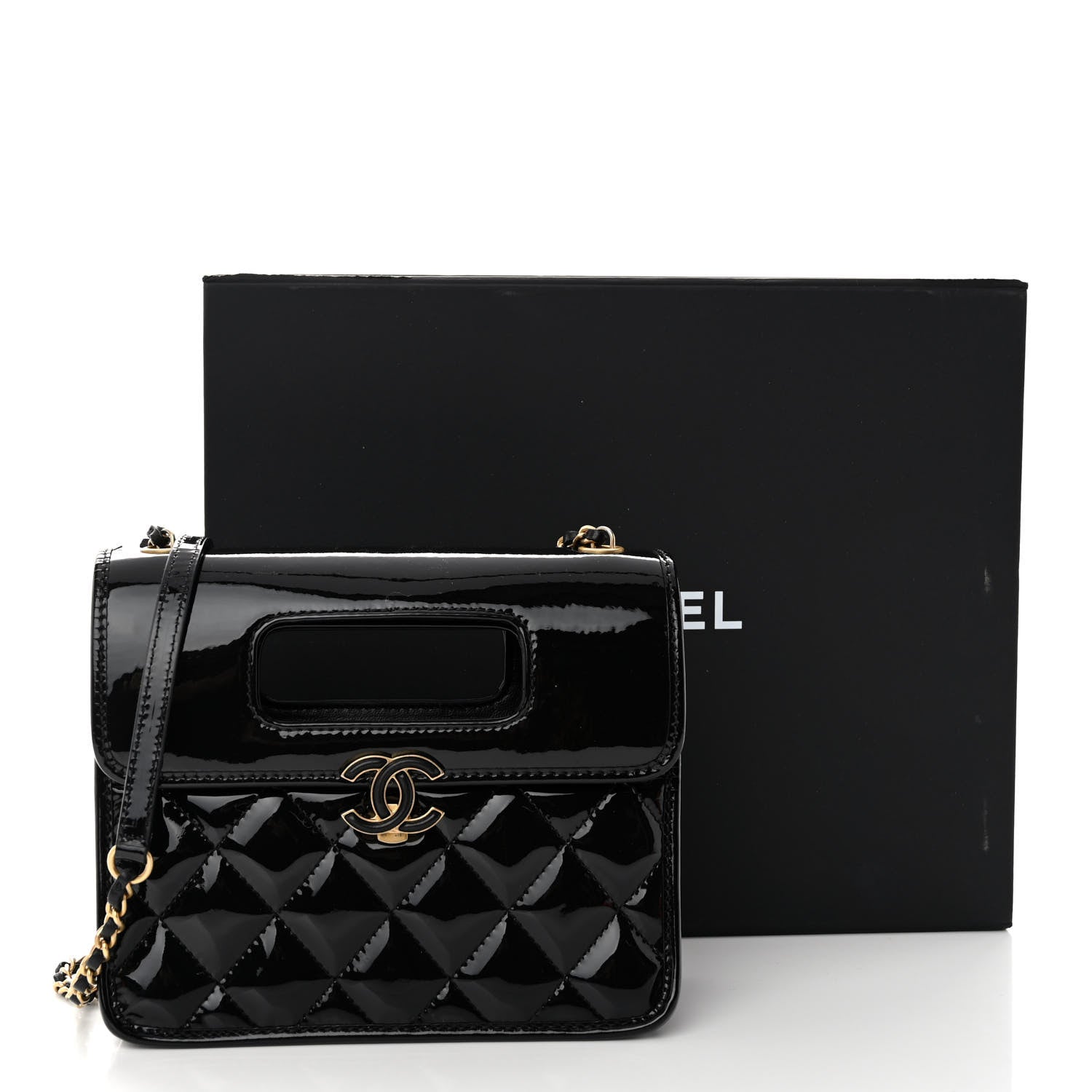 Chanel Patent Quilted Mini Graphic Catch Flap Black 14 of 14