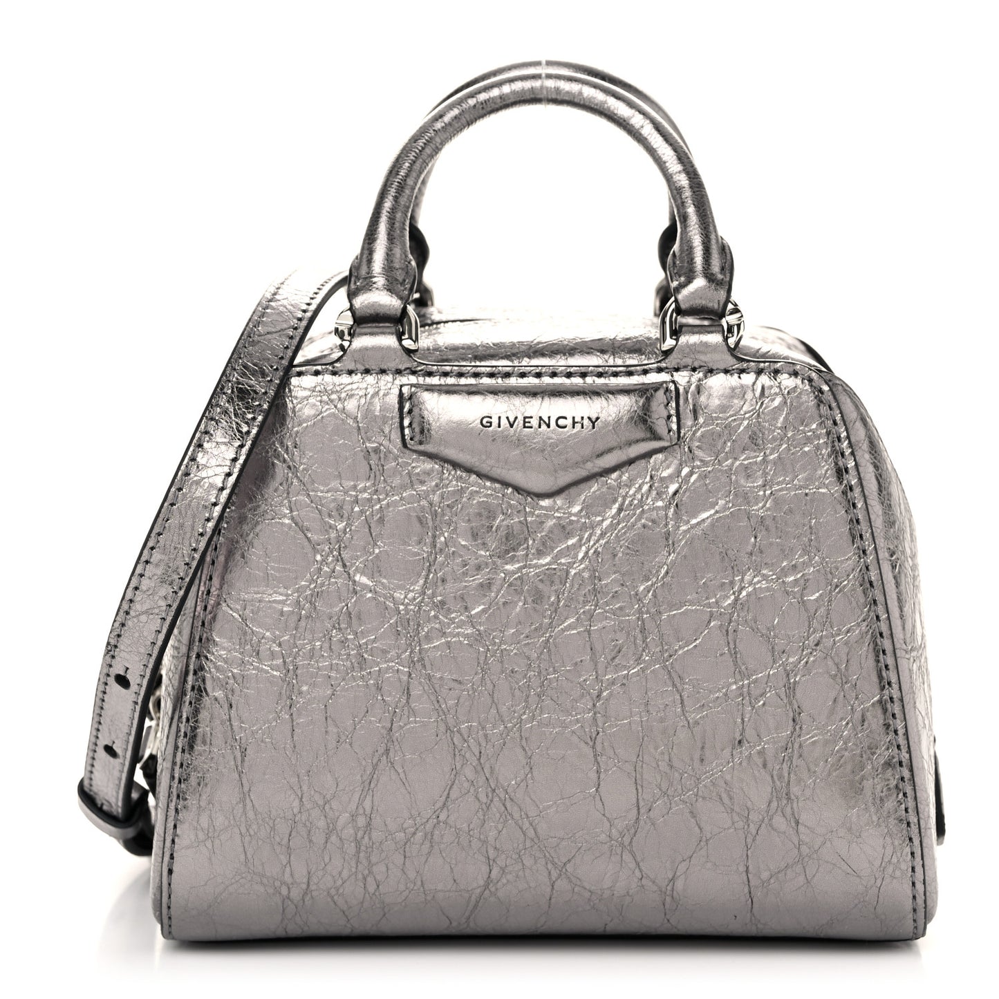 Laminated Lambskin Micro Antigona Cube Bag Silvery Grey