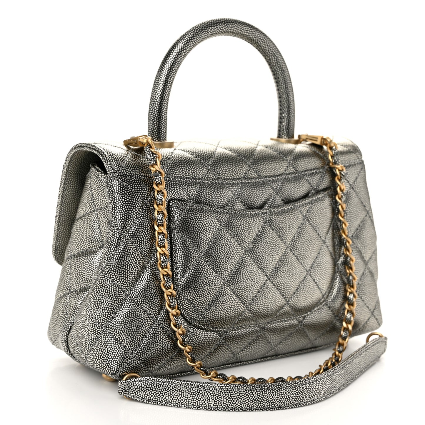 Metallic Caviar Quilted Mini Coco Handle Flap Silver