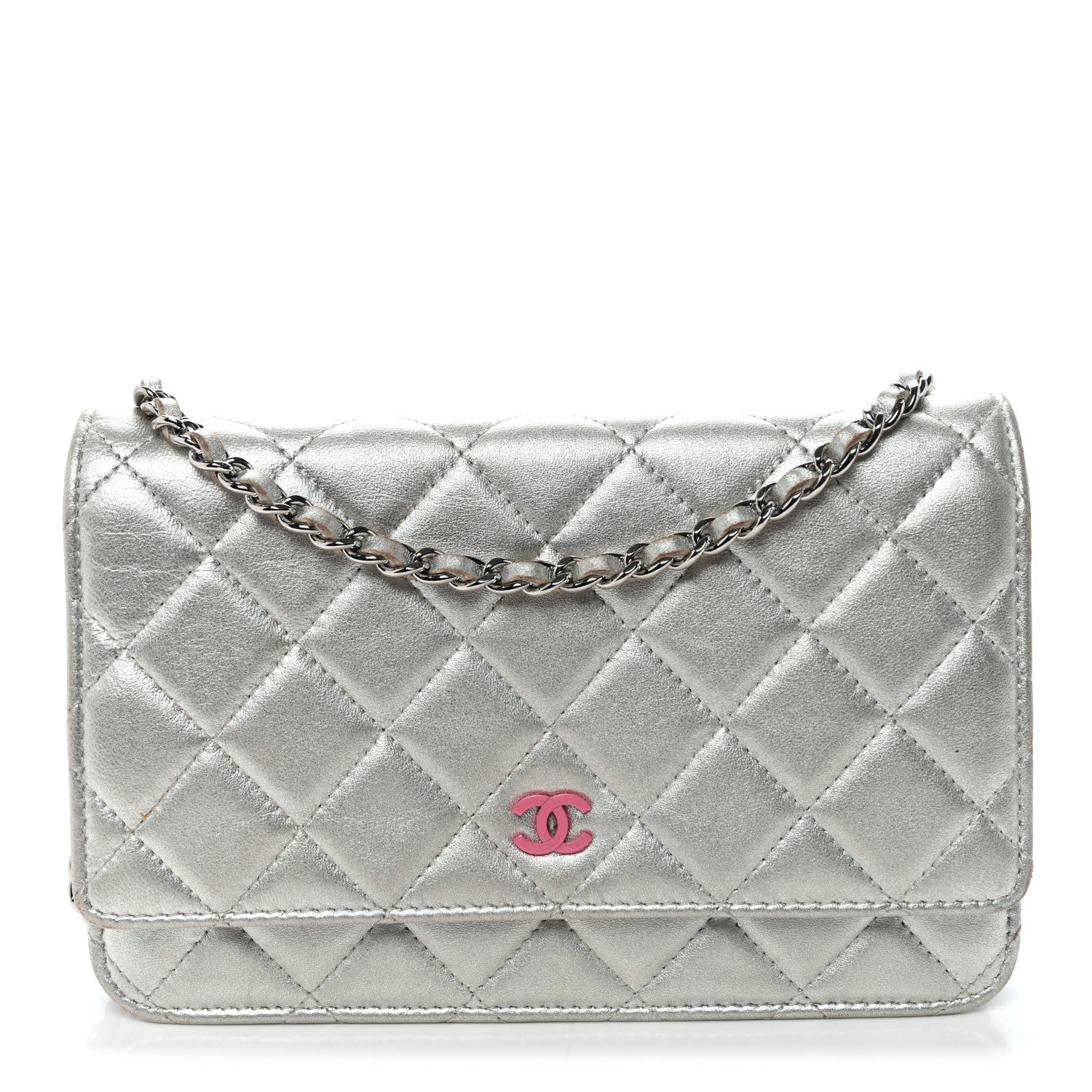Chanel Metallic Lambskin Quilted Wallet On Chain WOC Silver